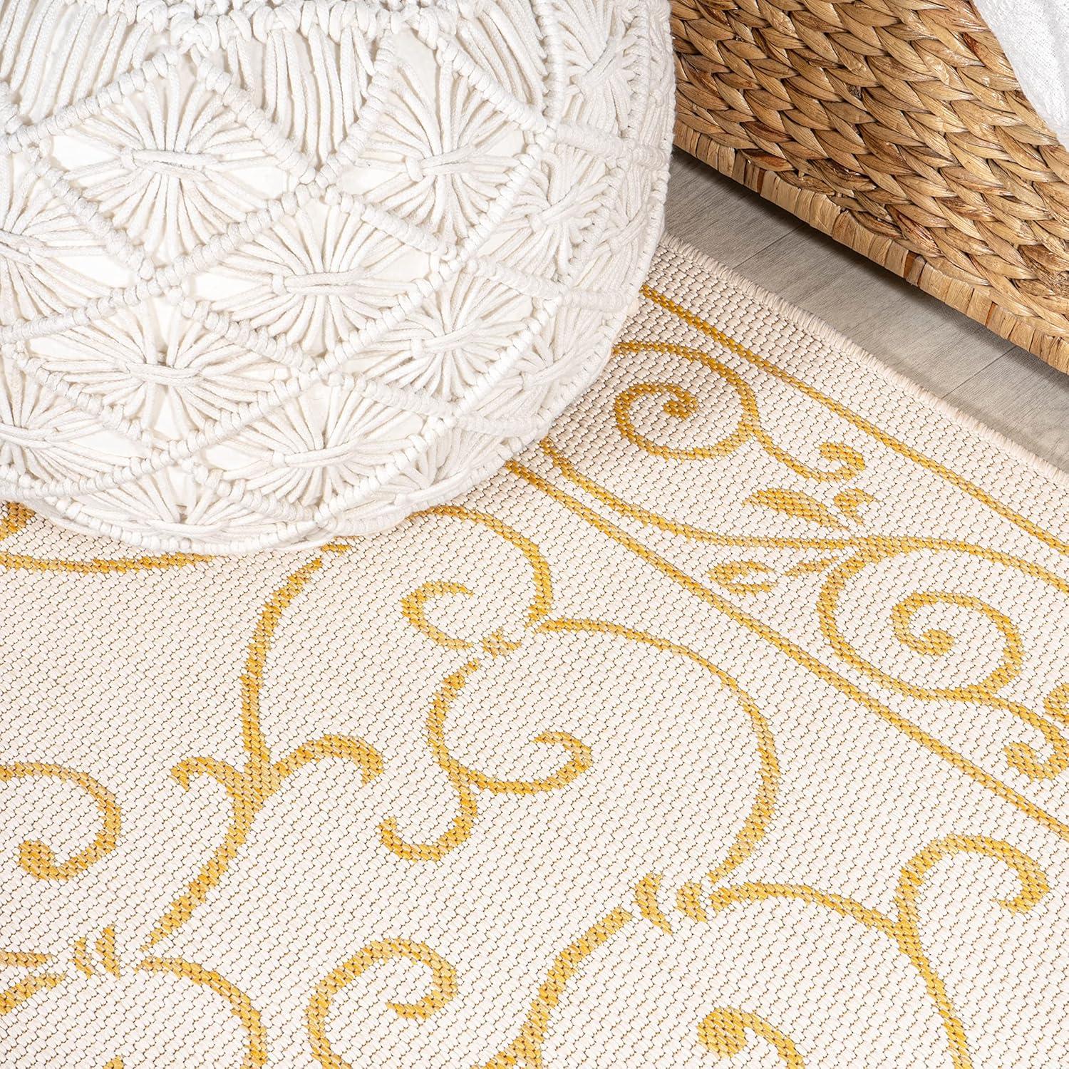 image:imageJONATHAN Y Vintage Filigree Indoor Outdoor Round Area Rug 5 Ft YellowCream Charleston Textured Weave for Backyard Patio Porch EasyCleaning High Traffic PetFriendly NonShedding SMB106L5RCreamYellow