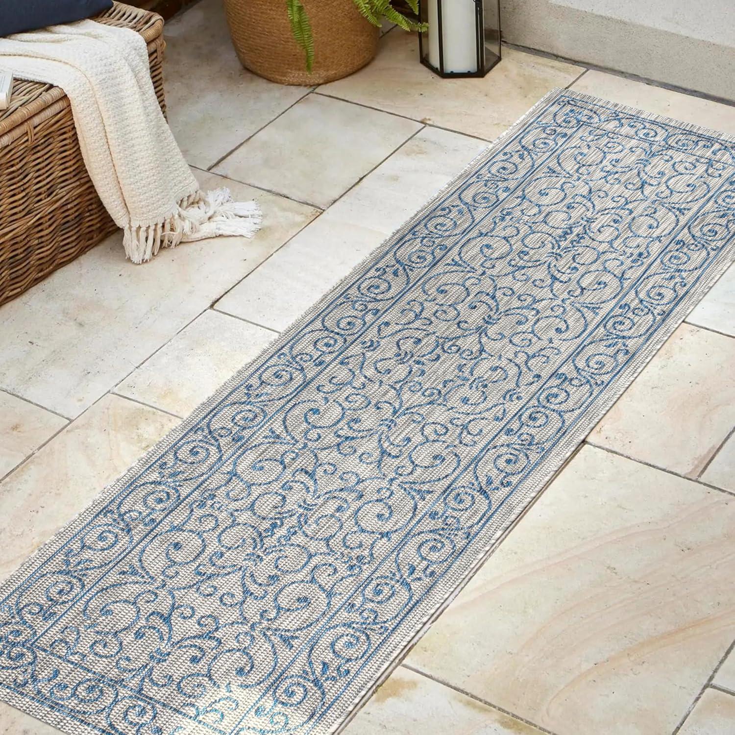 image:imageJONATHAN Y Vintage Filigree Indoor Outdoor Round Area Rug 5 Ft YellowCream Charleston Textured Weave for Backyard Patio Porch EasyCleaning High Traffic PetFriendly NonShedding SMB106L5RGrayNavy