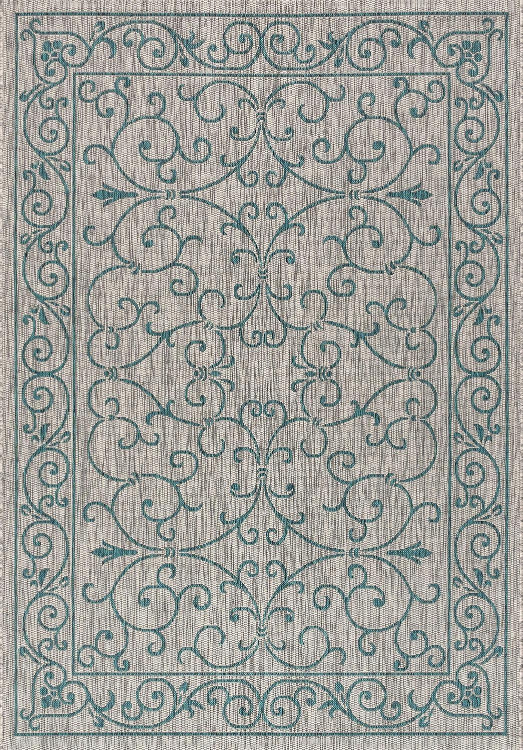 image:imageJONATHAN Y Vintage Filigree Indoor Outdoor Round Area Rug 5 Ft YellowCream Charleston Textured Weave for Backyard Patio Porch EasyCleaning High Traffic PetFriendly NonShedding SMB106L5RGrayTeal