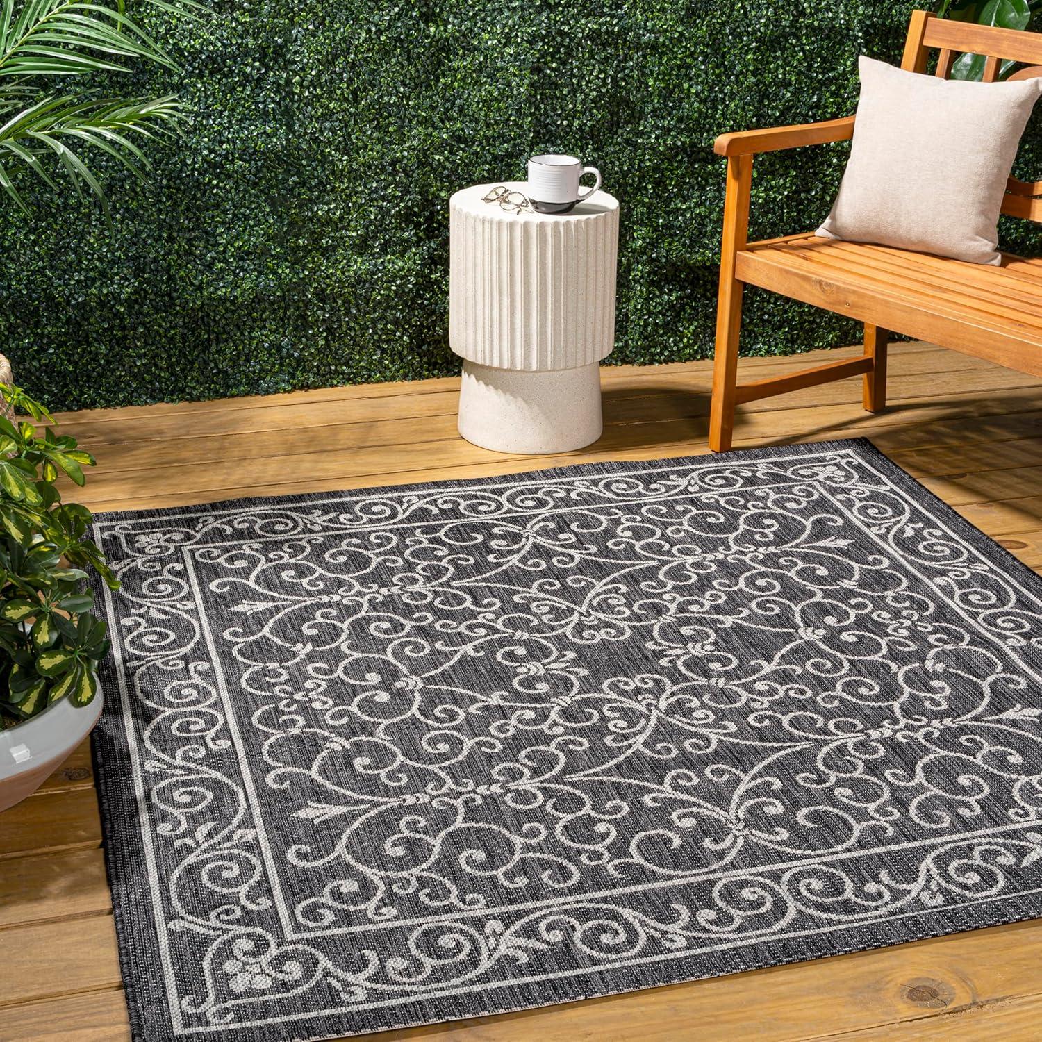 image:imageJONATHAN Y Vintage Filigree Indoor Outdoor Round Area Rug 5 Ft YellowCream Charleston Textured Weave for Backyard Patio Porch EasyCleaning High Traffic PetFriendly NonShedding SMB106L5RBlackGray