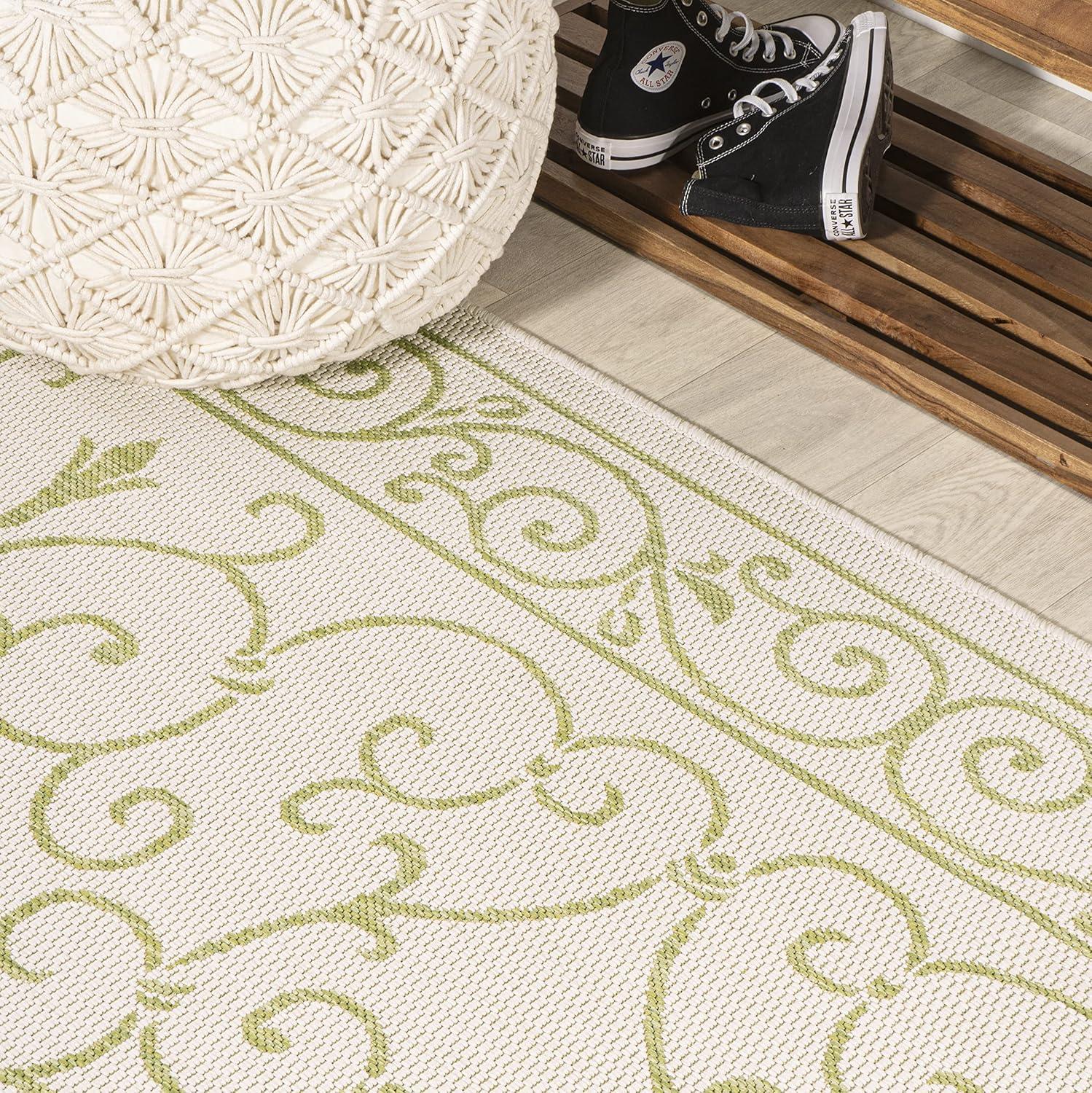 image:imageJONATHAN Y Vintage Filigree Indoor Outdoor Round Area Rug 5 Ft YellowCream Charleston Textured Weave for Backyard Patio Porch EasyCleaning High Traffic PetFriendly NonShedding SMB106L5RCreamGreen