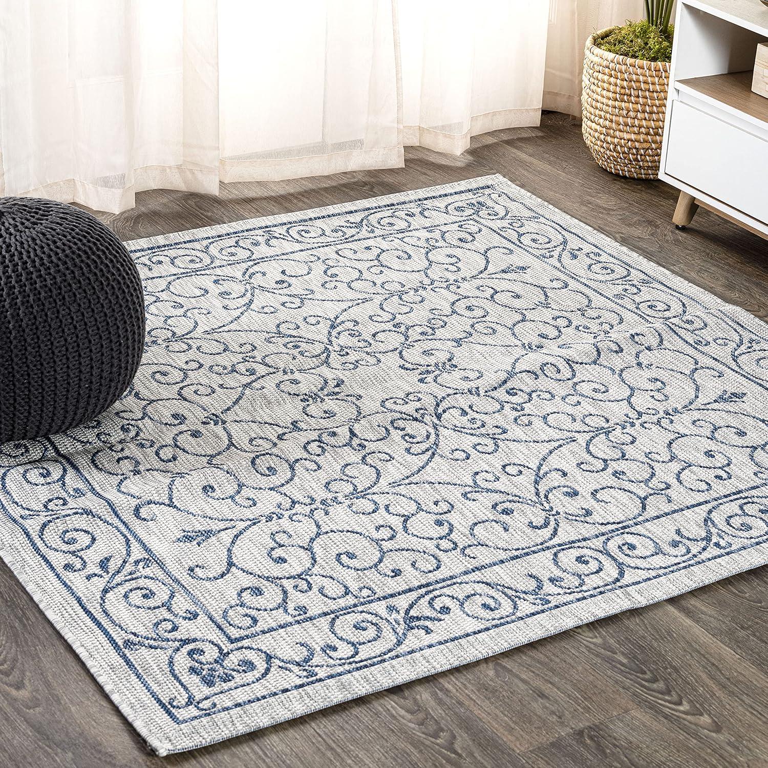 image:imageJONATHAN Y Vintage Filigree Indoor Outdoor Round Area Rug 5 Ft YellowCream Charleston Textured Weave for Backyard Patio Porch EasyCleaning High Traffic PetFriendly NonShedding SMB106L5RGrayNavy