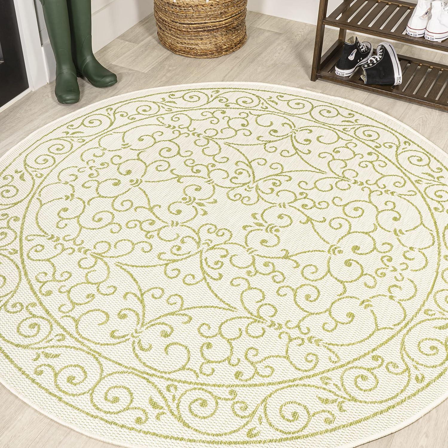 image:imageJONATHAN Y Vintage Filigree Indoor Outdoor Round Area Rug 5 Ft YellowCream Charleston Textured Weave for Backyard Patio Porch EasyCleaning High Traffic PetFriendly NonShedding SMB106L5RCreamGreen