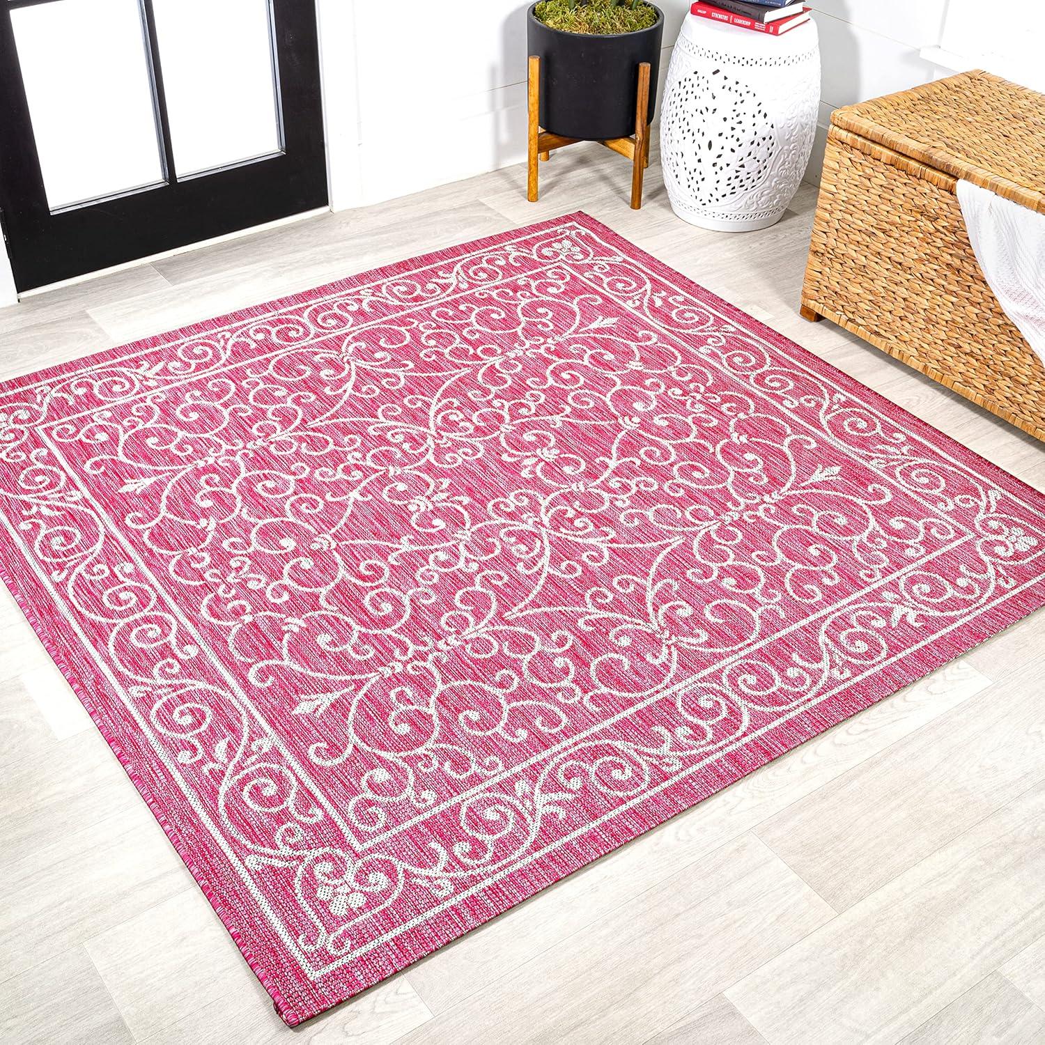 image:imageJONATHAN Y Vintage Filigree Indoor Outdoor Round Area Rug 5 Ft YellowCream Charleston Textured Weave for Backyard Patio Porch EasyCleaning High Traffic PetFriendly NonShedding SMB106L5RFuchsiaLight Gray