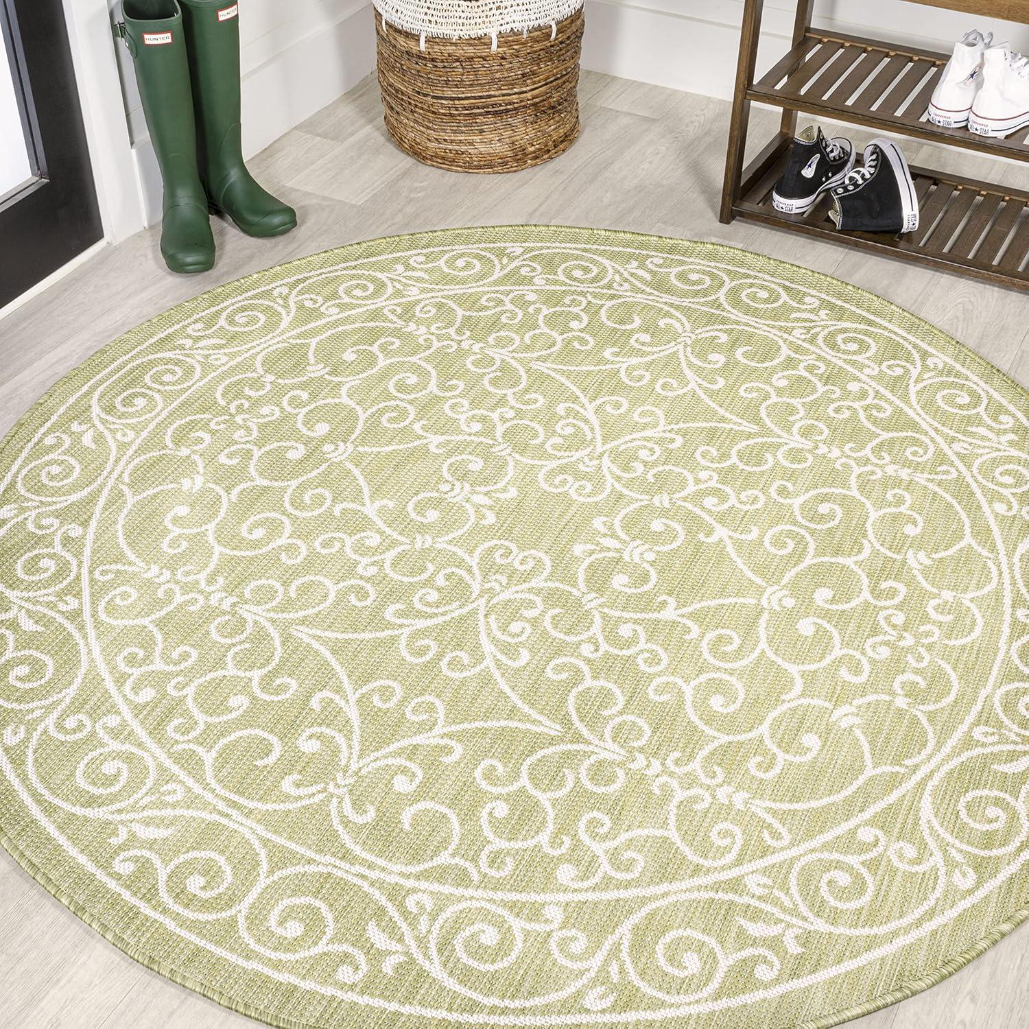 image:imageJONATHAN Y Vintage Filigree Indoor Outdoor Round Area Rug 5 Ft YellowCream Charleston Textured Weave for Backyard Patio Porch EasyCleaning High Traffic PetFriendly NonShedding SMB106L5RGreenCream