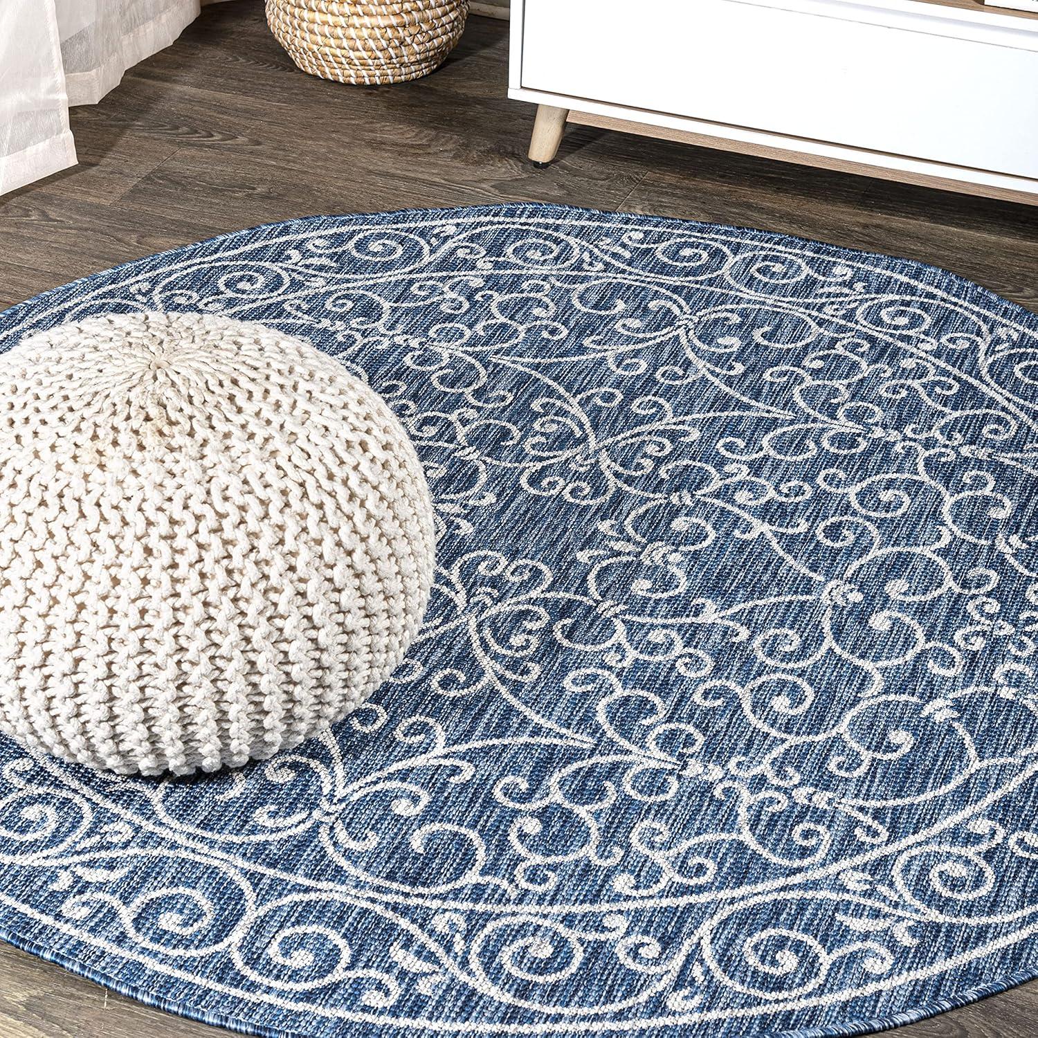 image:imageJONATHAN Y Vintage Filigree Indoor Outdoor Round Area Rug 5 Ft YellowCream Charleston Textured Weave for Backyard Patio Porch EasyCleaning High Traffic PetFriendly NonShedding SMB106L5RNavyGray