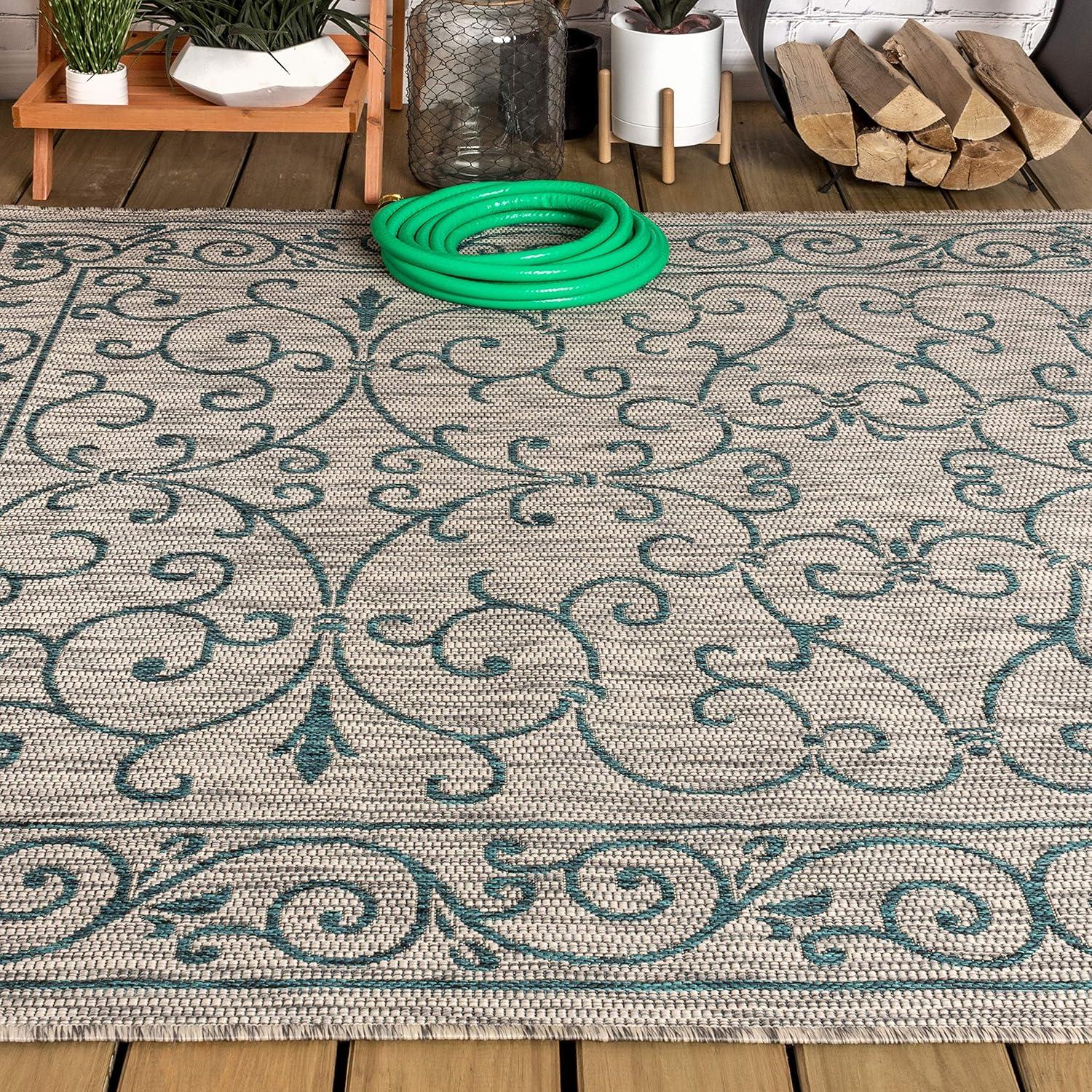image:imageJONATHAN Y Vintage Filigree Indoor Outdoor Round Area Rug 5 Ft YellowCream Charleston Textured Weave for Backyard Patio Porch EasyCleaning High Traffic PetFriendly NonShedding SMB106L5RGrayTeal