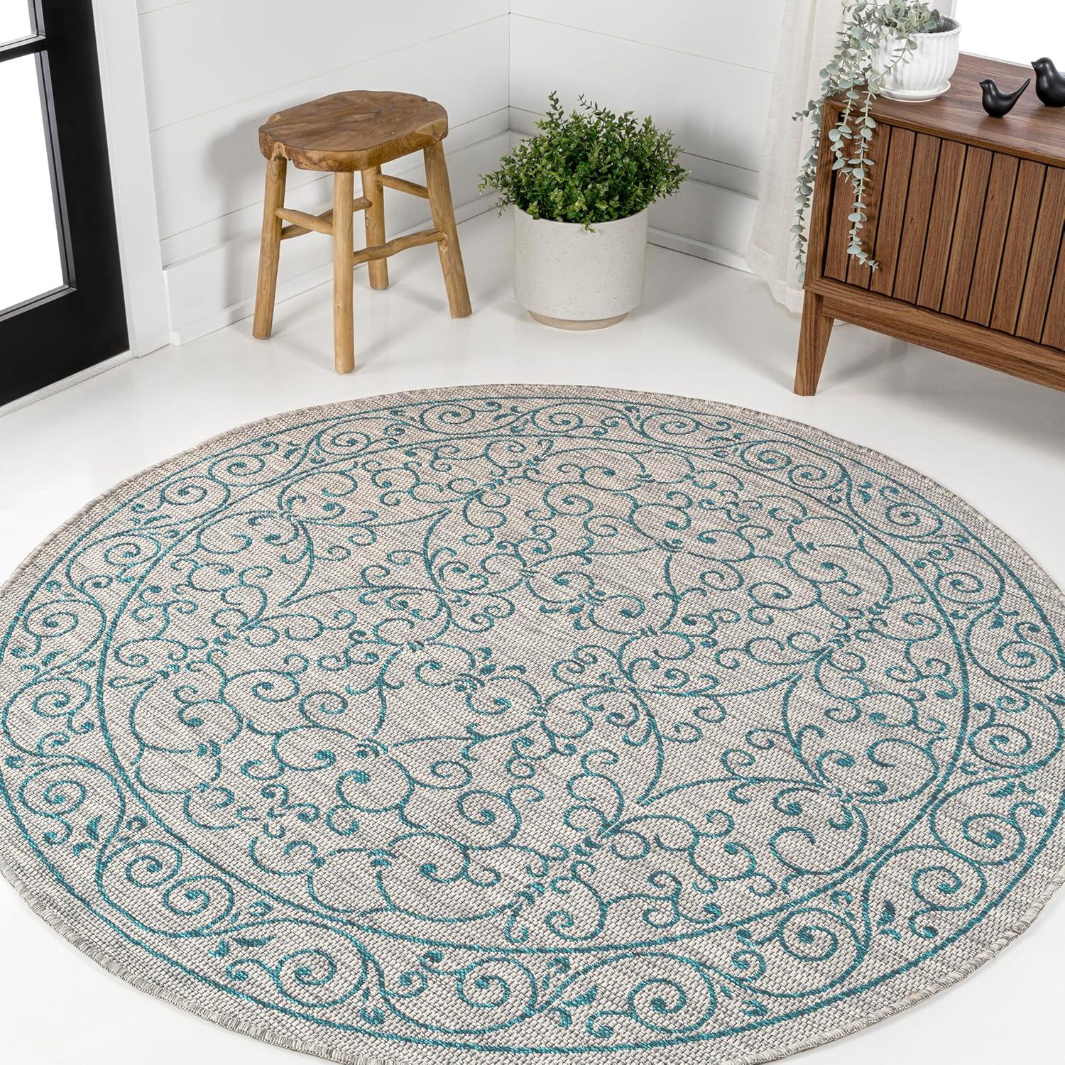 image:imageJONATHAN Y Vintage Filigree Indoor Outdoor Round Area Rug 5 Ft YellowCream Charleston Textured Weave for Backyard Patio Porch EasyCleaning High Traffic PetFriendly NonShedding SMB106L5RGrayTeal
