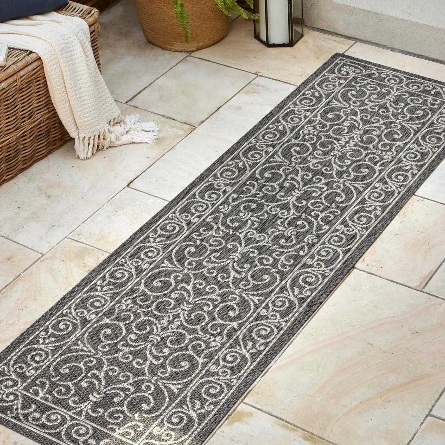 image:imageJONATHAN Y Vintage Filigree Indoor Outdoor Round Area Rug 5 Ft YellowCream Charleston Textured Weave for Backyard Patio Porch EasyCleaning High Traffic PetFriendly NonShedding SMB106L5RBlackGray