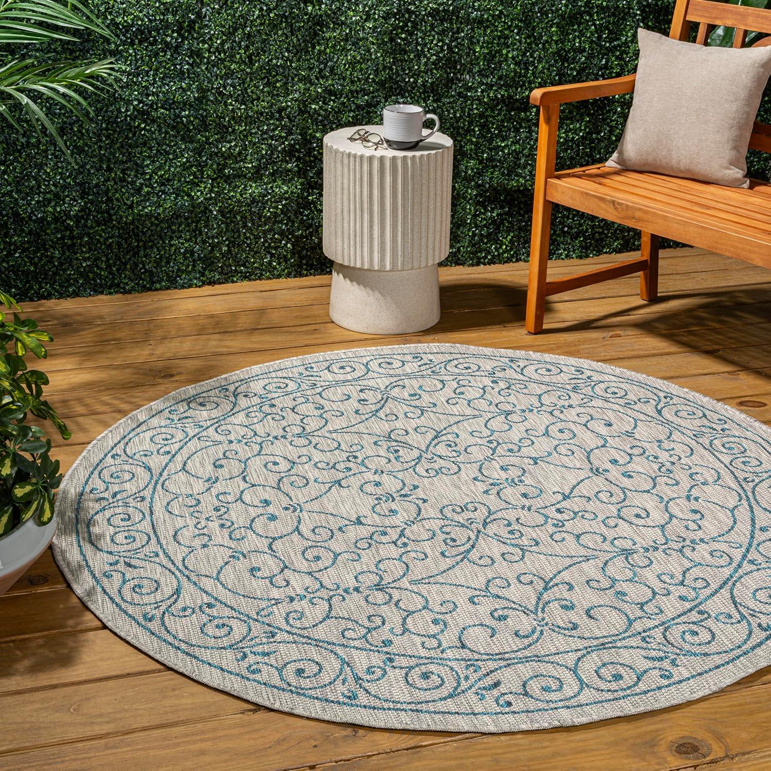 image:imageJONATHAN Y Vintage Filigree Indoor Outdoor Round Area Rug 5 Ft YellowCream Charleston Textured Weave for Backyard Patio Porch EasyCleaning High Traffic PetFriendly NonShedding SMB106L5RGrayTeal