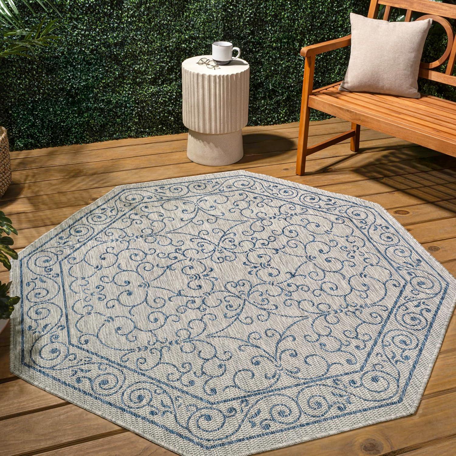 image:imageJONATHAN Y Vintage Filigree Indoor Outdoor Round Area Rug 5 Ft YellowCream Charleston Textured Weave for Backyard Patio Porch EasyCleaning High Traffic PetFriendly NonShedding SMB106L5RGrayNavy