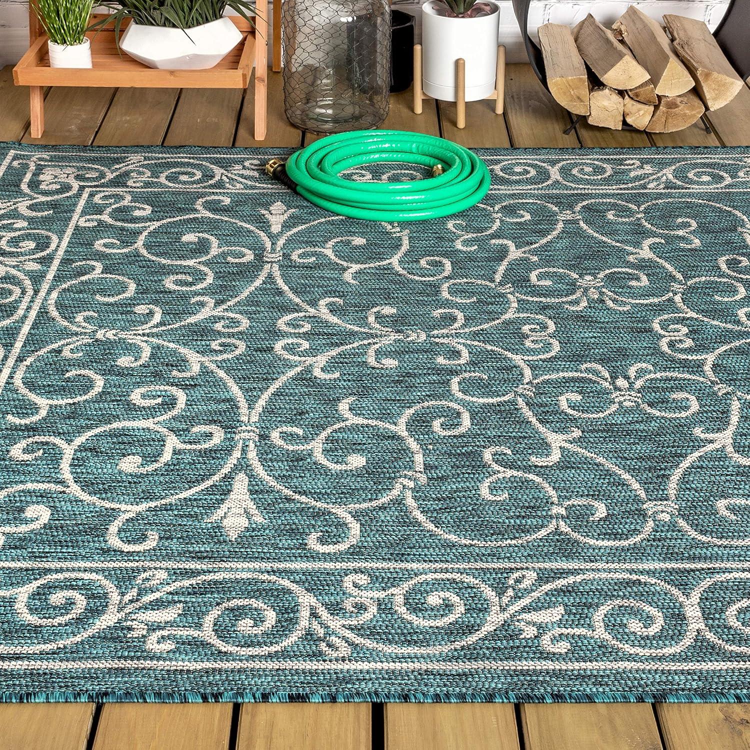 image:imageJONATHAN Y Vintage Filigree Indoor Outdoor Round Area Rug 5 Ft YellowCream Charleston Textured Weave for Backyard Patio Porch EasyCleaning High Traffic PetFriendly NonShedding SMB106L5RTealGray