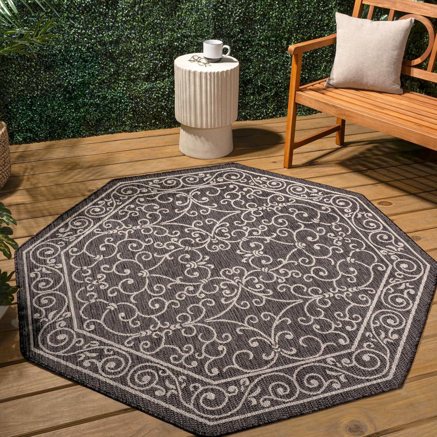 image:imageJONATHAN Y Vintage Filigree Indoor Outdoor Round Area Rug 5 Ft YellowCream Charleston Textured Weave for Backyard Patio Porch EasyCleaning High Traffic PetFriendly NonShedding SMB106L5RBlackGray