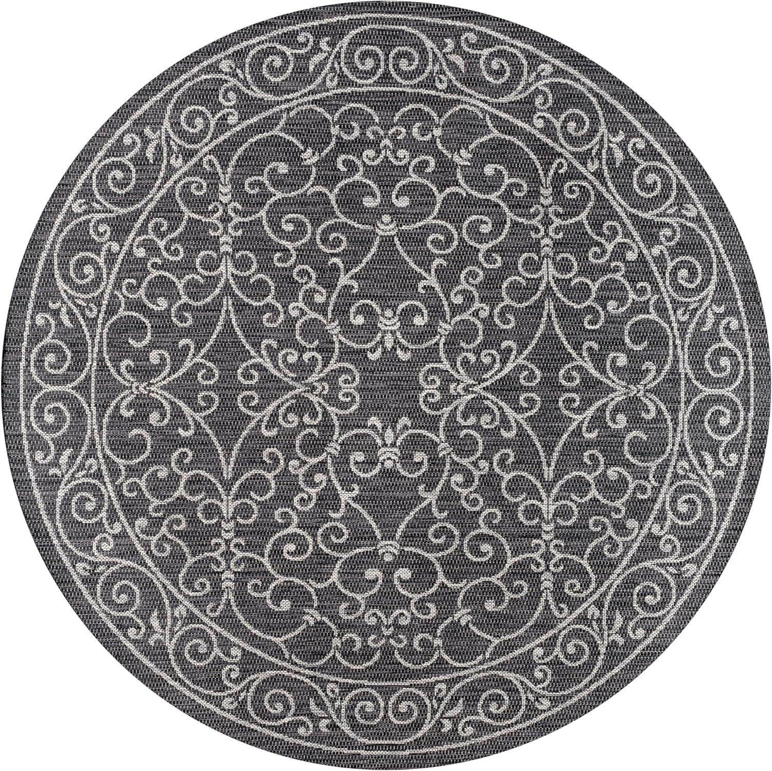 image:imageJONATHAN Y Vintage Filigree Indoor Outdoor Round Area Rug 5 Ft YellowCream Charleston Textured Weave for Backyard Patio Porch EasyCleaning High Traffic PetFriendly NonShedding SMB106L5RBlackGray