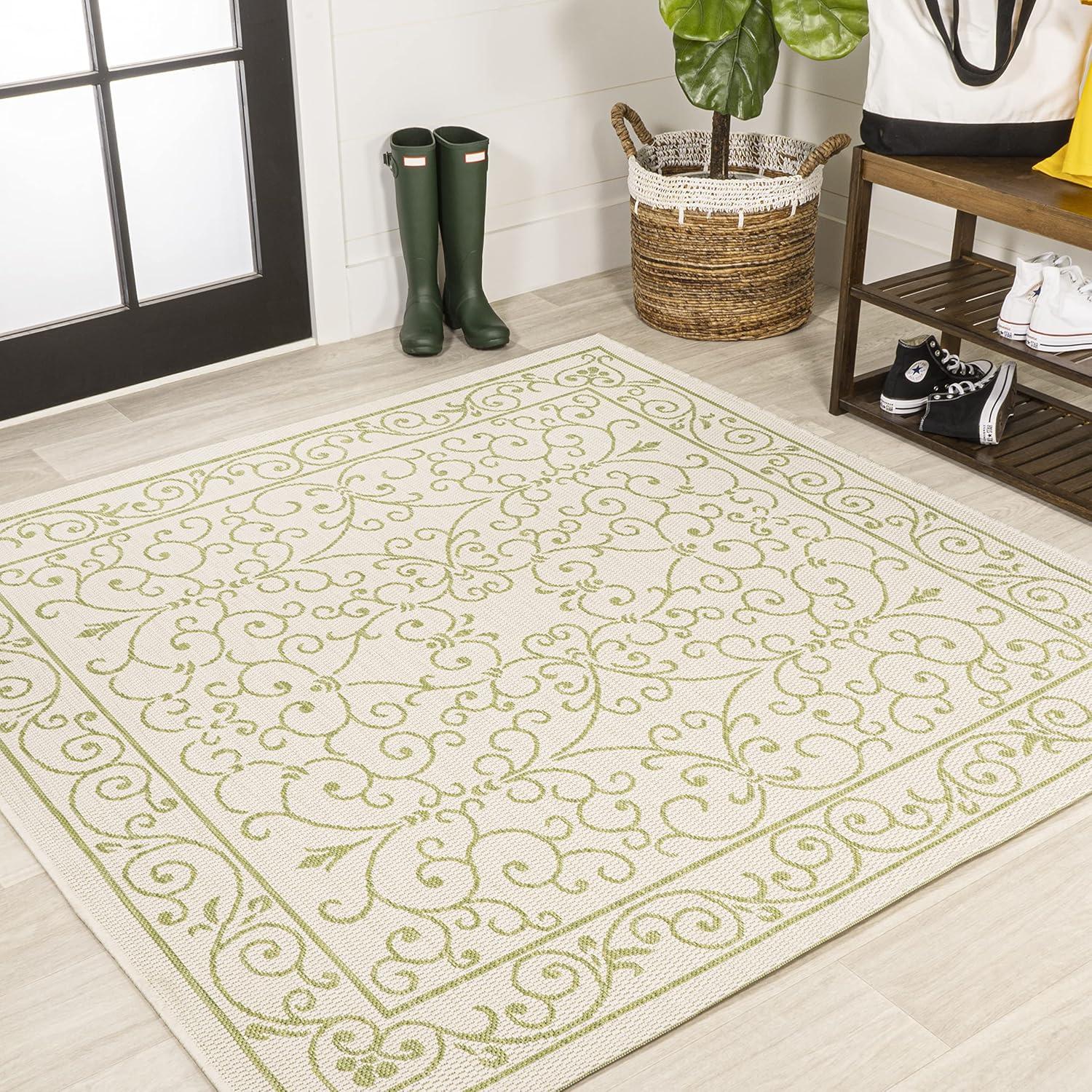 image:imageJONATHAN Y Vintage Filigree Indoor Outdoor Round Area Rug 5 Ft YellowCream Charleston Textured Weave for Backyard Patio Porch EasyCleaning High Traffic PetFriendly NonShedding SMB106L5RCreamGreen