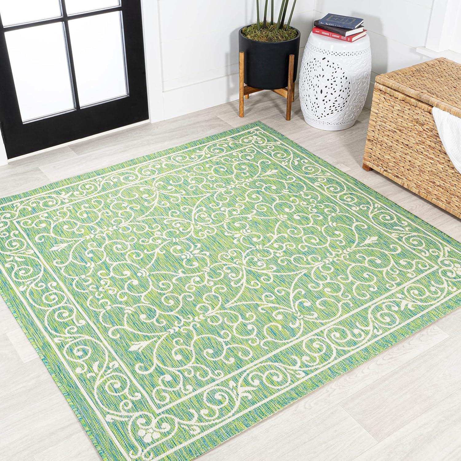 image:imageJONATHAN Y Vintage Filigree Indoor Outdoor Round Area Rug 5 Ft YellowCream Charleston Textured Weave for Backyard Patio Porch EasyCleaning High Traffic PetFriendly NonShedding SMB106L5RGreenIvory