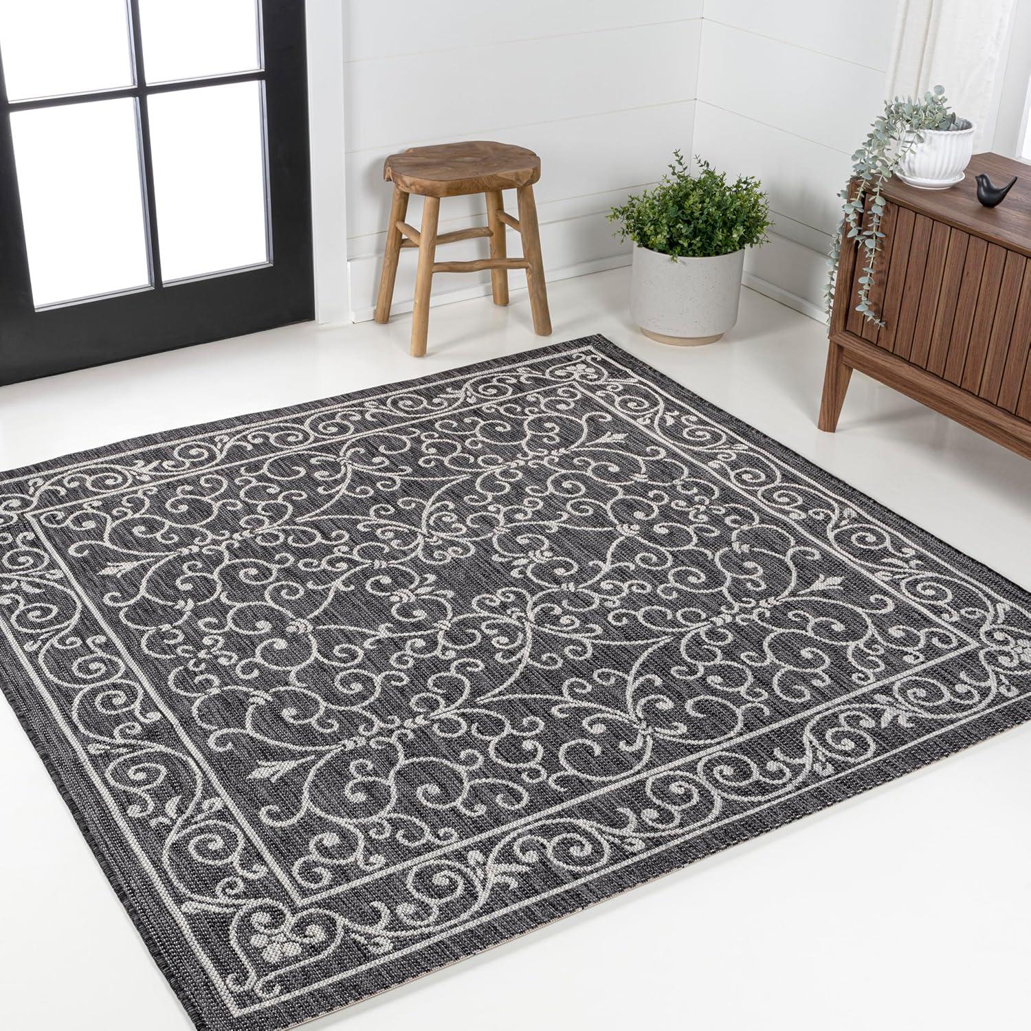 image:imageJONATHAN Y Vintage Filigree Indoor Outdoor Round Area Rug 5 Ft YellowCream Charleston Textured Weave for Backyard Patio Porch EasyCleaning High Traffic PetFriendly NonShedding SMB106L5RBlackGray