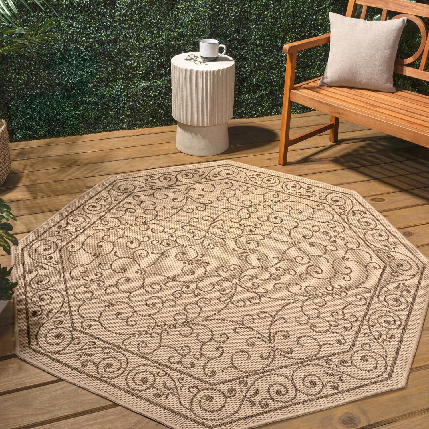 image:imageJONATHAN Y Vintage Filigree Indoor Outdoor Round Area Rug 5 Ft YellowCream Charleston Textured Weave for Backyard Patio Porch EasyCleaning High Traffic PetFriendly NonShedding SMB106L5RBeigeBrown
