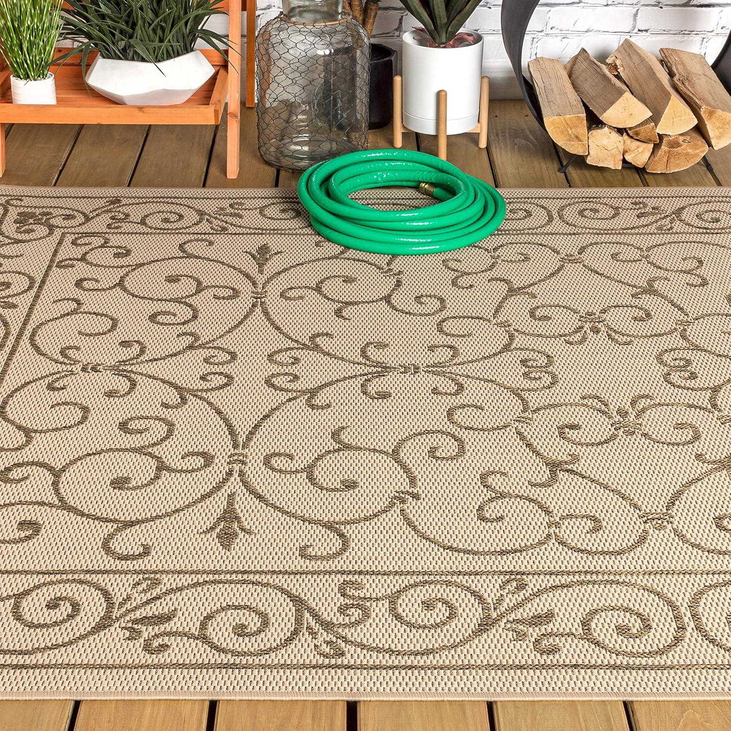 image:imageJONATHAN Y Vintage Filigree Indoor Outdoor Round Area Rug 5 Ft YellowCream Charleston Textured Weave for Backyard Patio Porch EasyCleaning High Traffic PetFriendly NonShedding SMB106L5RBeigeBrown