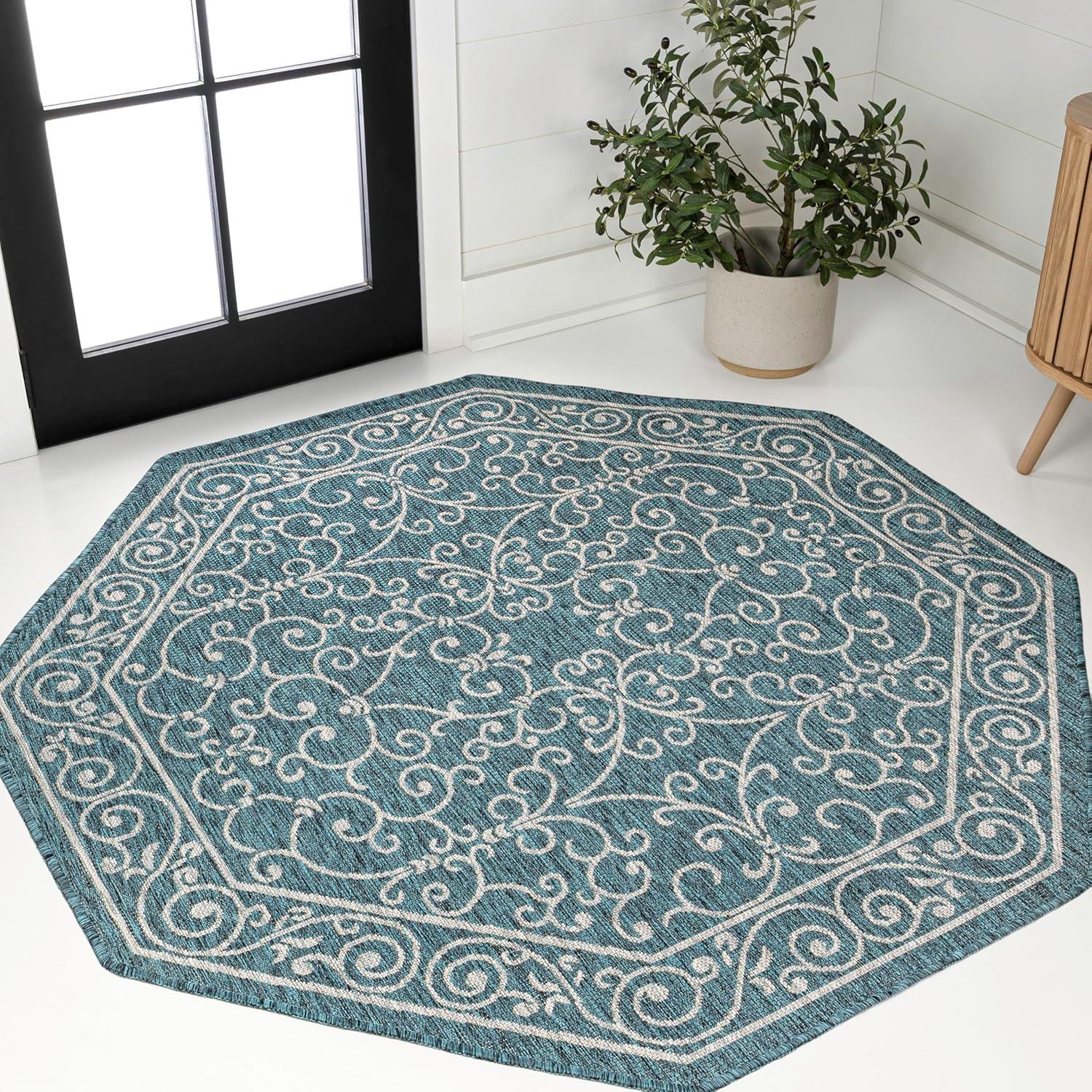 image:imageJONATHAN Y Vintage Filigree Indoor Outdoor Round Area Rug 5 Ft YellowCream Charleston Textured Weave for Backyard Patio Porch EasyCleaning High Traffic PetFriendly NonShedding SMB106L5RTealGray