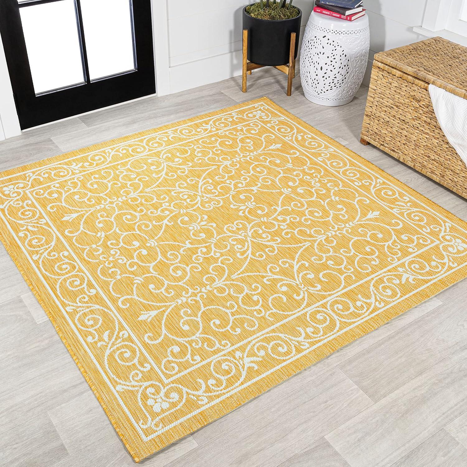 image:imageJONATHAN Y Vintage Filigree Indoor Outdoor Round Area Rug 5 Ft YellowCream Charleston Textured Weave for Backyard Patio Porch EasyCleaning High Traffic PetFriendly NonShedding SMB106L5RYellowCream
