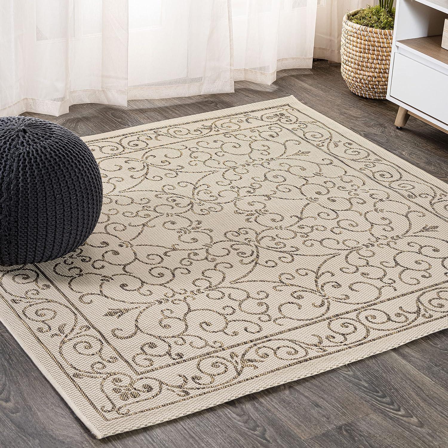 image:imageJONATHAN Y Vintage Filigree Indoor Outdoor Round Area Rug 5 Ft YellowCream Charleston Textured Weave for Backyard Patio Porch EasyCleaning High Traffic PetFriendly NonShedding SMB106L5RBeigeBrown