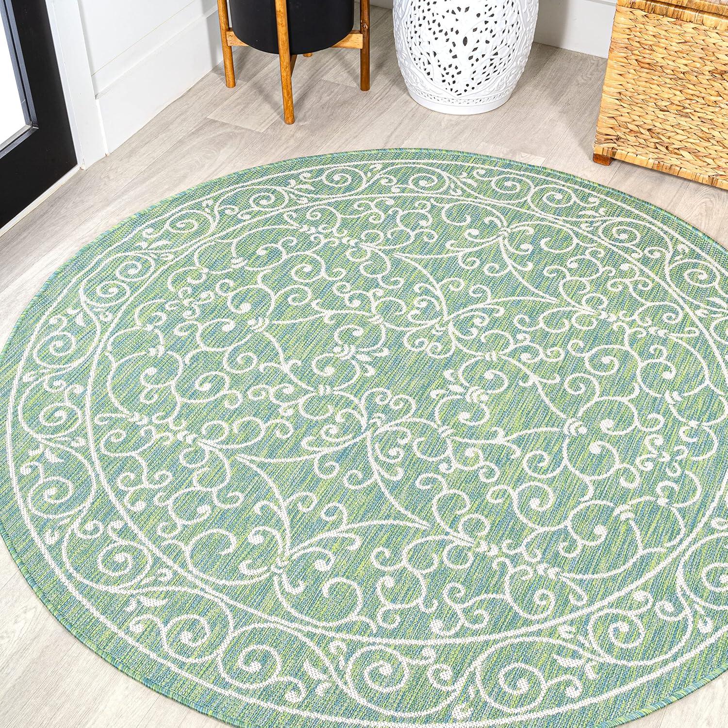 image:imageJONATHAN Y Vintage Filigree Indoor Outdoor Round Area Rug 5 Ft YellowCream Charleston Textured Weave for Backyard Patio Porch EasyCleaning High Traffic PetFriendly NonShedding SMB106L5RGreenIvory