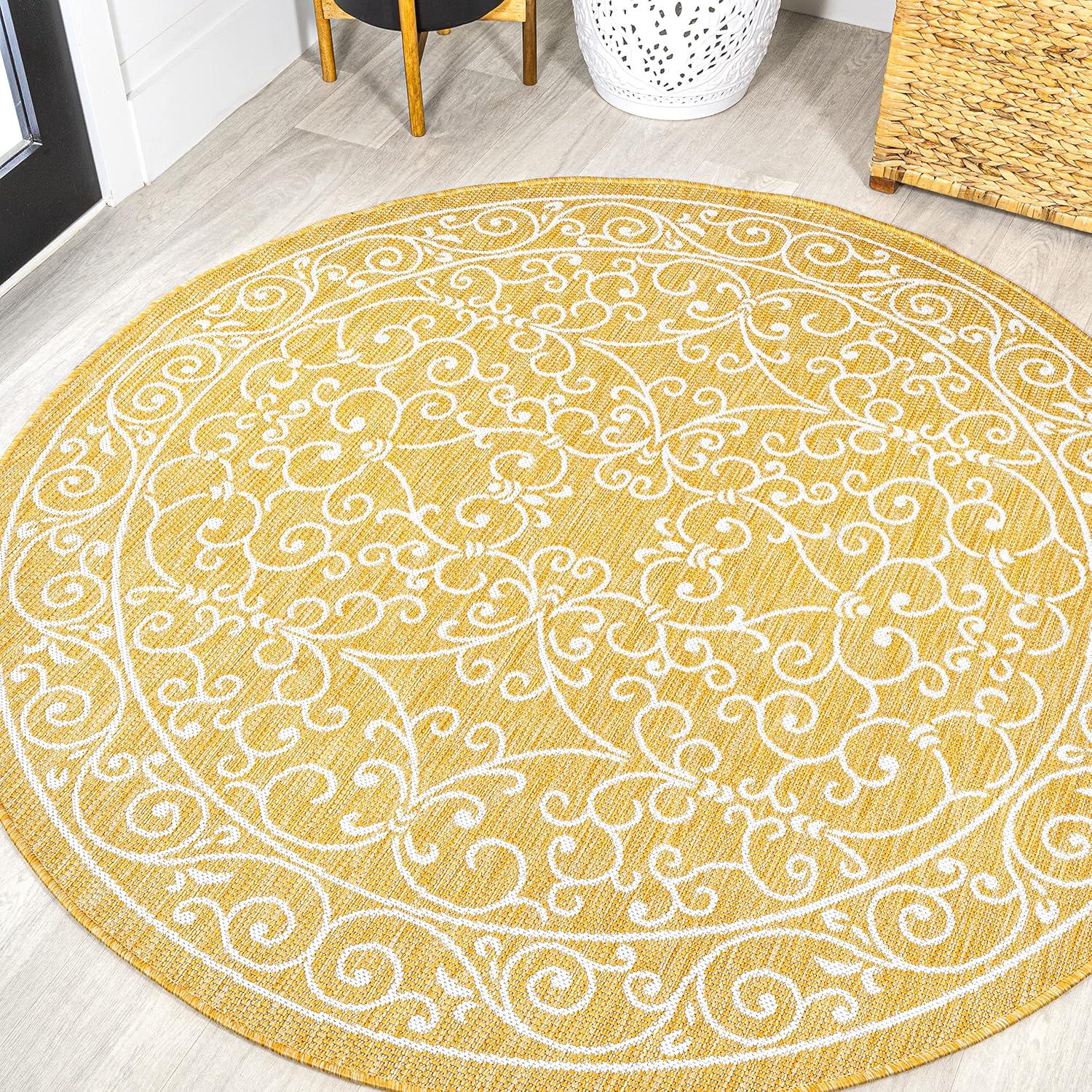 image:imageJONATHAN Y Vintage Filigree Indoor Outdoor Round Area Rug 5 Ft YellowCream Charleston Textured Weave for Backyard Patio Porch EasyCleaning High Traffic PetFriendly NonShedding SMB106L5RYellowCream