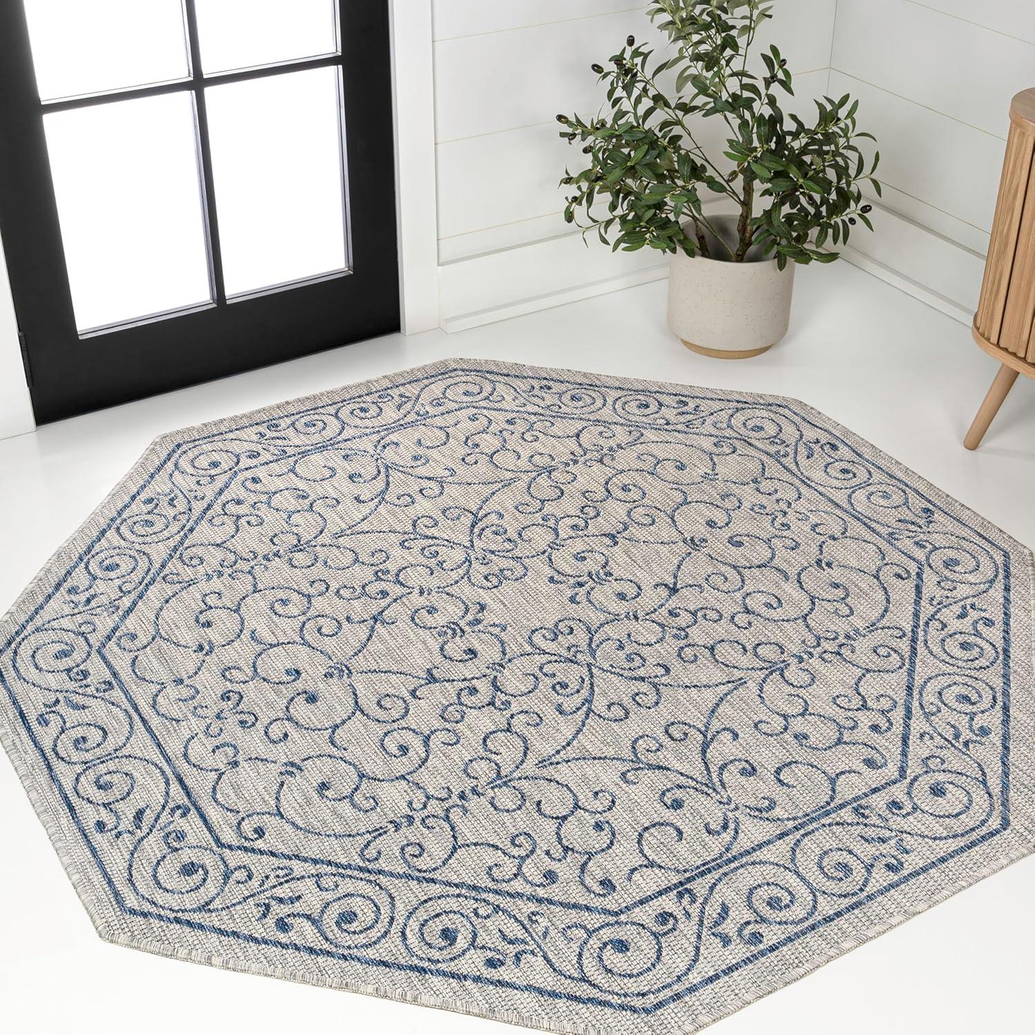 image:imageJONATHAN Y Vintage Filigree Indoor Outdoor Round Area Rug 5 Ft YellowCream Charleston Textured Weave for Backyard Patio Porch EasyCleaning High Traffic PetFriendly NonShedding SMB106L5RGrayNavy