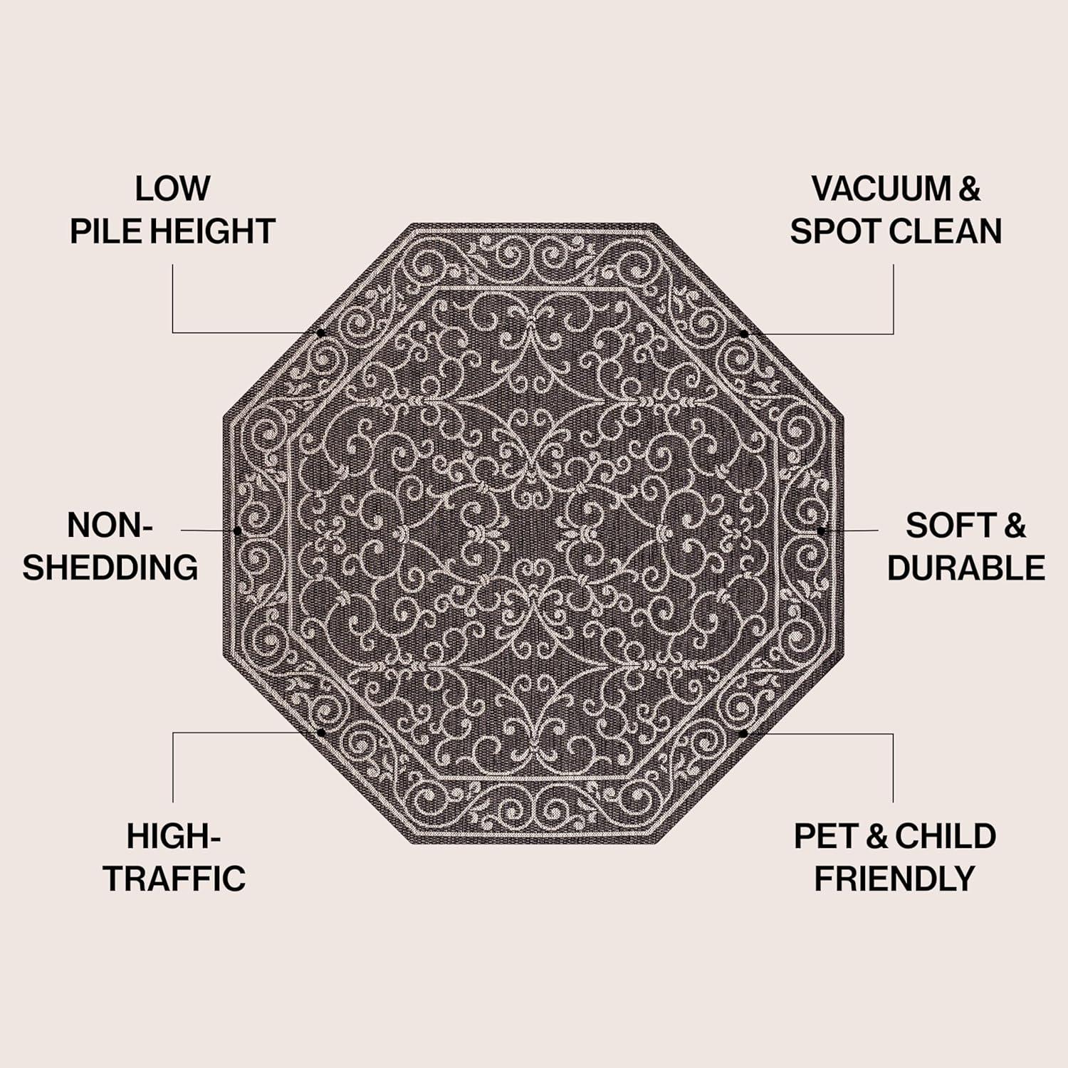 image:imageJONATHAN Y Vintage Filigree Indoor Outdoor Round Area Rug 5 Ft YellowCream Charleston Textured Weave for Backyard Patio Porch EasyCleaning High Traffic PetFriendly NonShedding SMB106L5RBlackGray