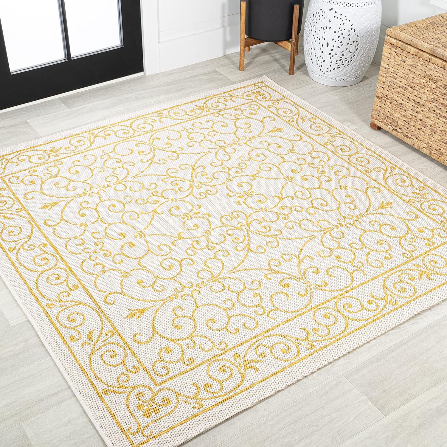 image:imageJONATHAN Y Vintage Filigree Indoor Outdoor Round Area Rug 5 Ft YellowCream Charleston Textured Weave for Backyard Patio Porch EasyCleaning High Traffic PetFriendly NonShedding SMB106L5RCreamYellow