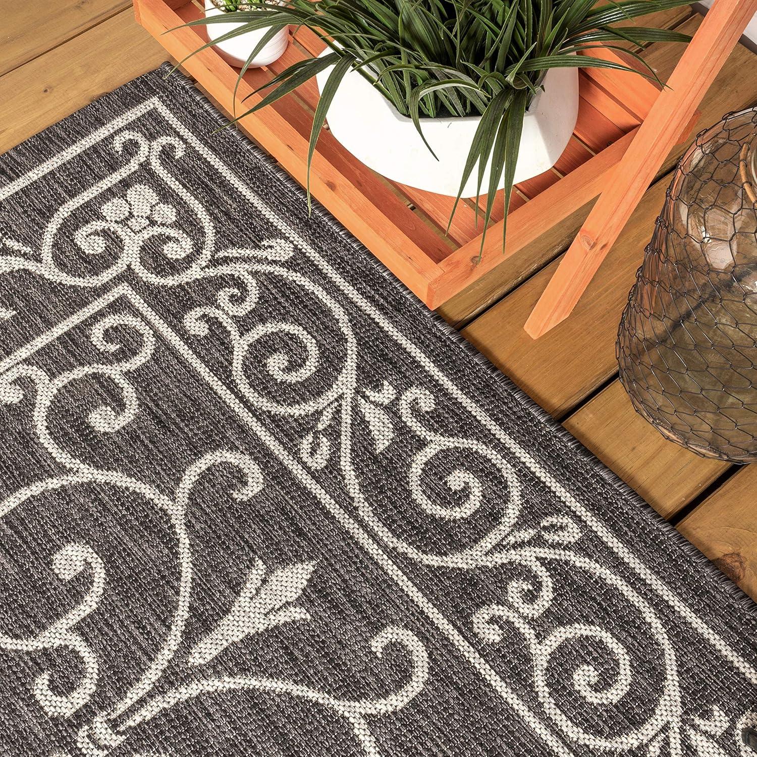 image:imageJONATHAN Y Vintage Filigree Indoor Outdoor Round Area Rug 5 Ft YellowCream Charleston Textured Weave for Backyard Patio Porch EasyCleaning High Traffic PetFriendly NonShedding SMB106L5RBlackGray