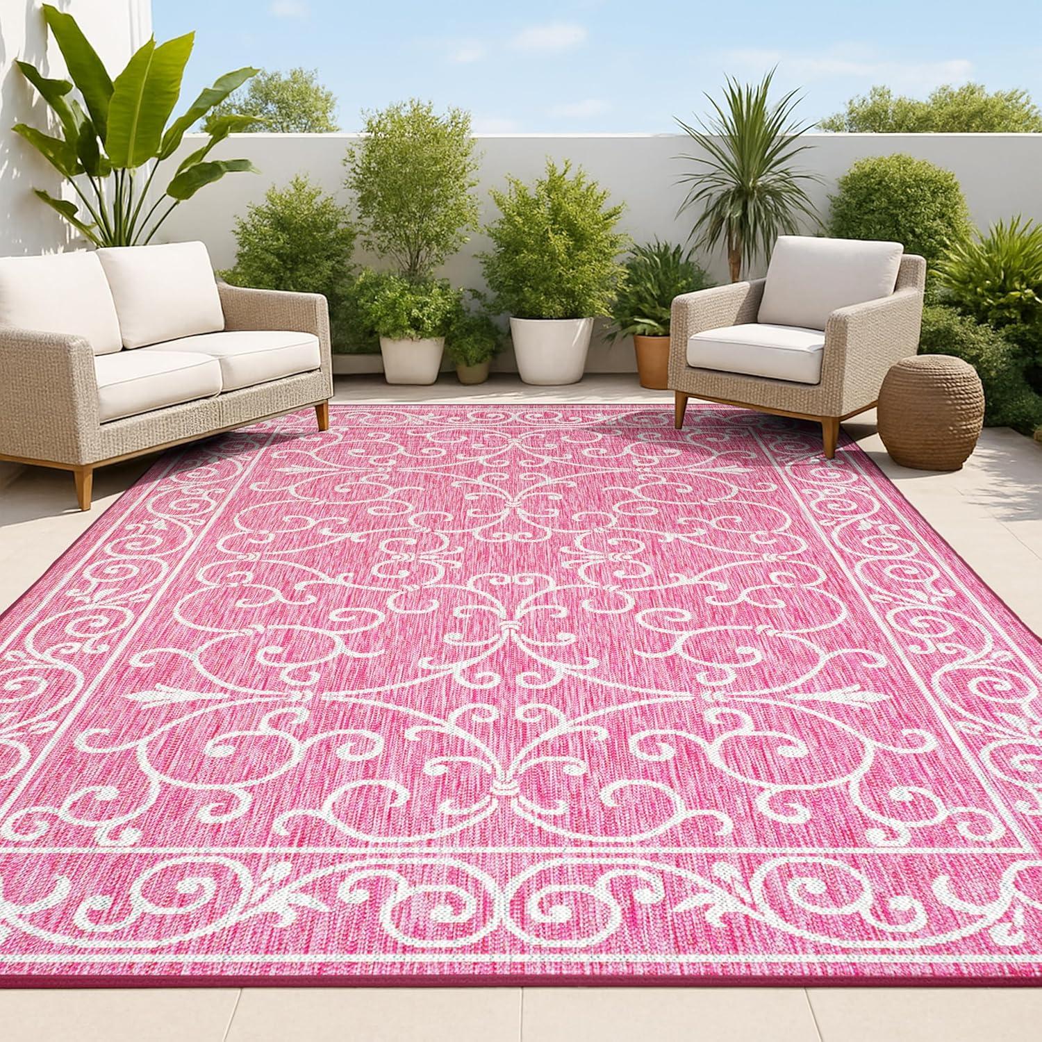 image:imageJONATHAN Y Vintage Filigree Indoor Outdoor Round Area Rug 5 Ft YellowCream Charleston Textured Weave for Backyard Patio Porch EasyCleaning High Traffic PetFriendly NonShedding SMB106L5RFuchsiaLight Gray