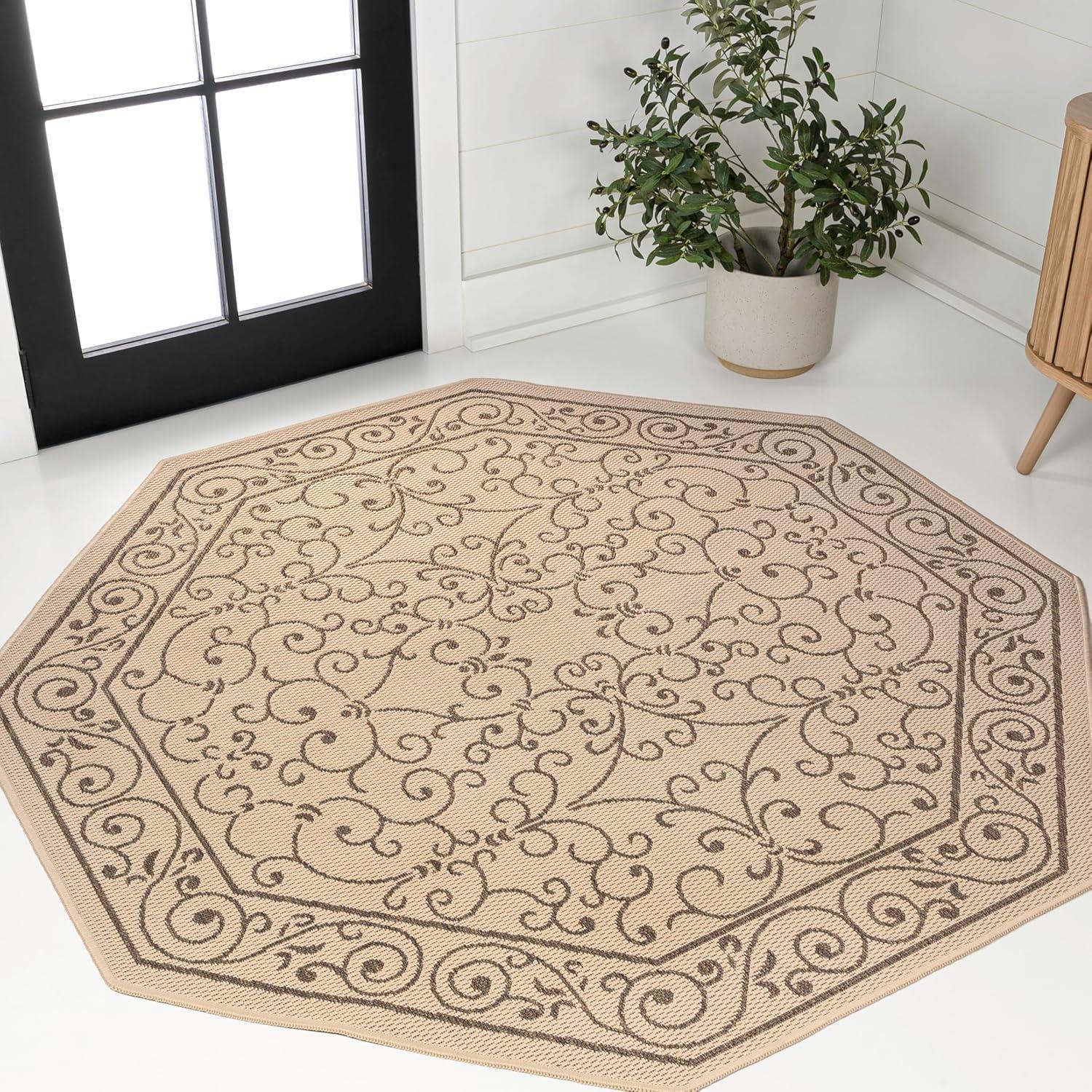 image:imageJONATHAN Y Vintage Filigree Indoor Outdoor Round Area Rug 5 Ft YellowCream Charleston Textured Weave for Backyard Patio Porch EasyCleaning High Traffic PetFriendly NonShedding SMB106L5RBeigeBrown