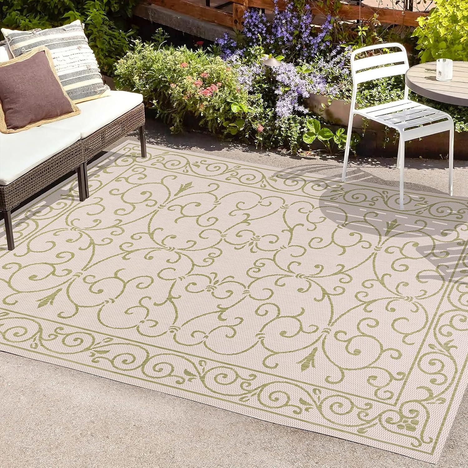 image:imageJONATHAN Y Vintage Filigree Indoor Outdoor Round Area Rug 5 Ft YellowCream Charleston Textured Weave for Backyard Patio Porch EasyCleaning High Traffic PetFriendly NonShedding SMB106L5RCreamGreen