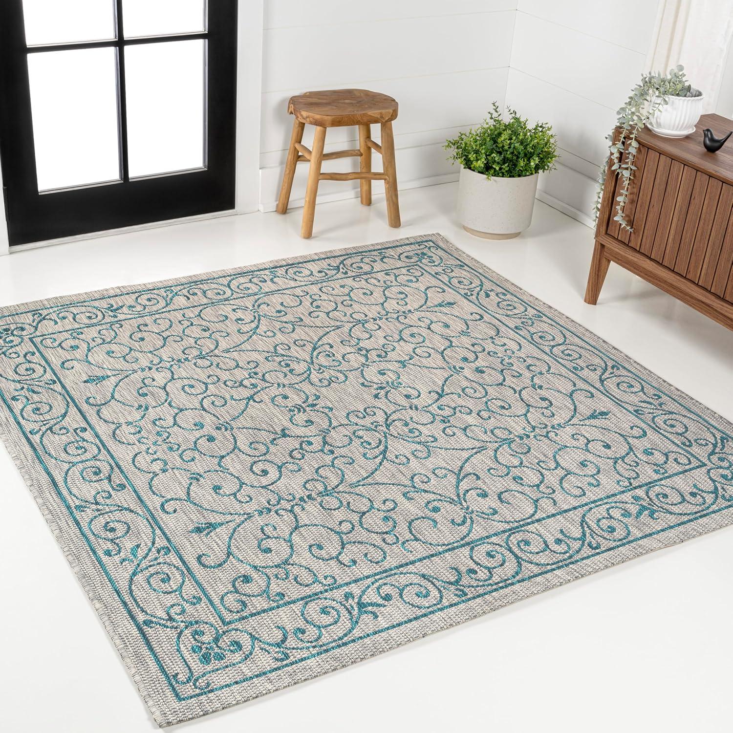 image:imageJONATHAN Y Vintage Filigree Indoor Outdoor Round Area Rug 5 Ft YellowCream Charleston Textured Weave for Backyard Patio Porch EasyCleaning High Traffic PetFriendly NonShedding SMB106L5RGrayTeal