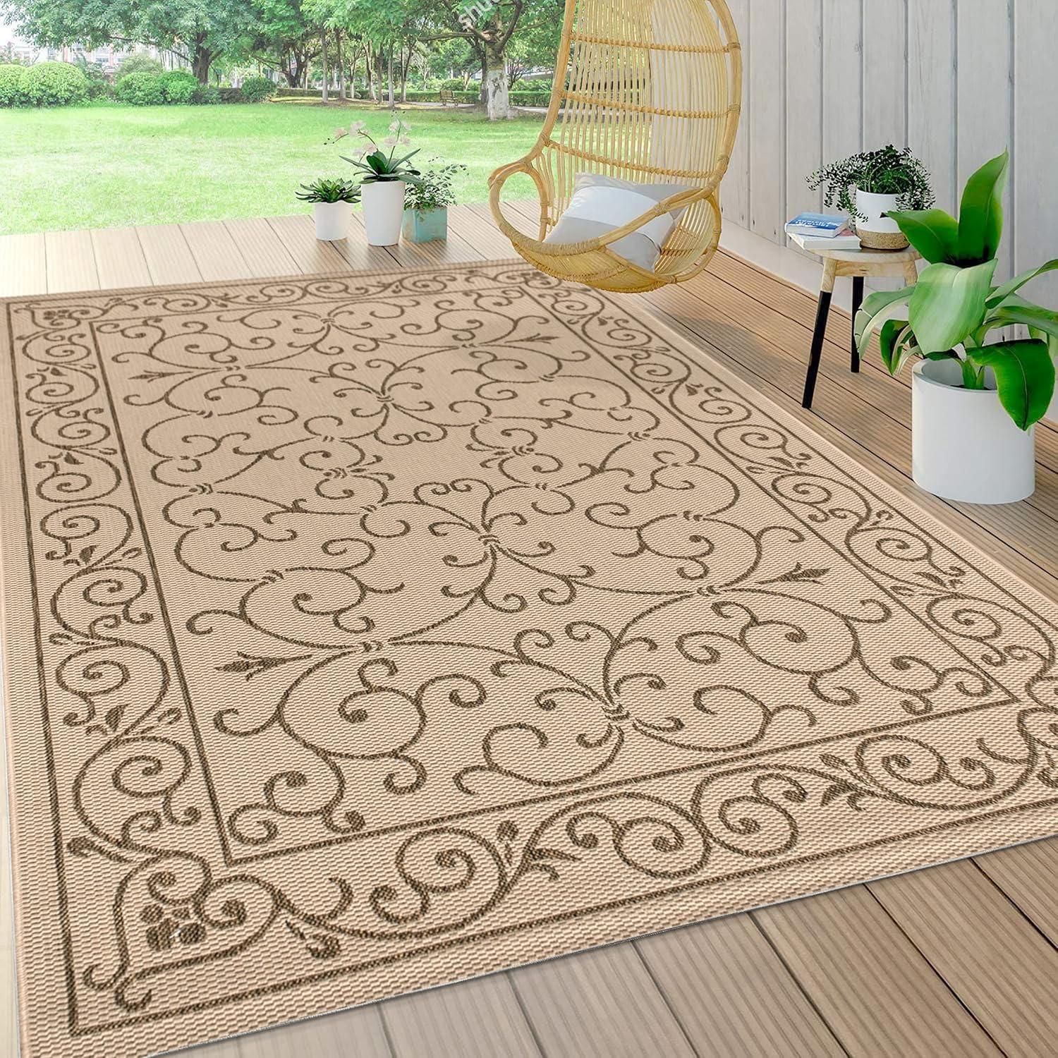 image:imageJONATHAN Y Vintage Filigree Indoor Outdoor Round Area Rug 5 Ft YellowCream Charleston Textured Weave for Backyard Patio Porch EasyCleaning High Traffic PetFriendly NonShedding SMB106L5RBeigeBrown