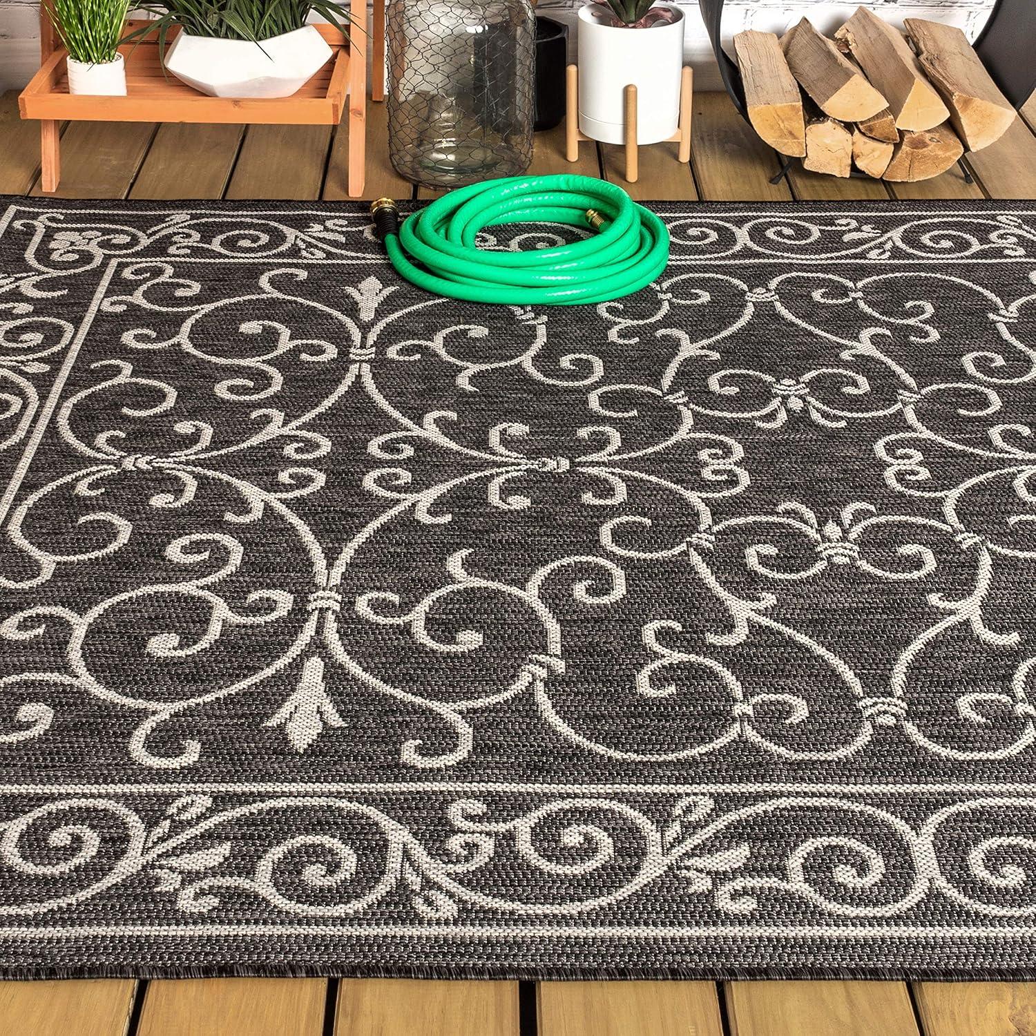image:imageJONATHAN Y Vintage Filigree Indoor Outdoor Round Area Rug 5 Ft YellowCream Charleston Textured Weave for Backyard Patio Porch EasyCleaning High Traffic PetFriendly NonShedding SMB106L5RBlackGray