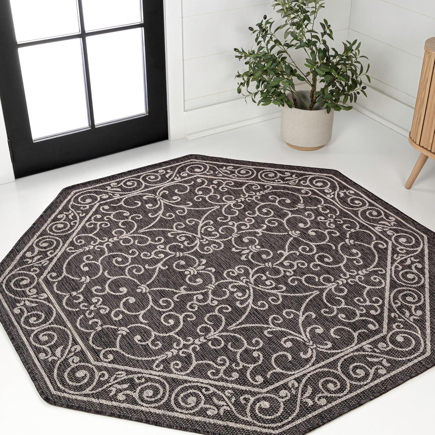 image:imageJONATHAN Y Vintage Filigree Indoor Outdoor Round Area Rug 5 Ft YellowCream Charleston Textured Weave for Backyard Patio Porch EasyCleaning High Traffic PetFriendly NonShedding SMB106L5RBlackGray
