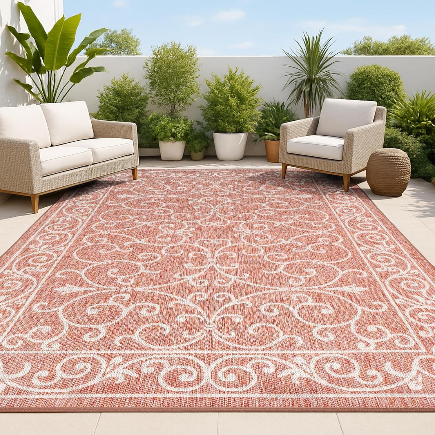 image:imageJONATHAN Y Vintage Filigree Indoor Outdoor Round Area Rug 5 Ft YellowCream Charleston Textured Weave for Backyard Patio Porch EasyCleaning High Traffic PetFriendly NonShedding SMB106L5RRedBeige