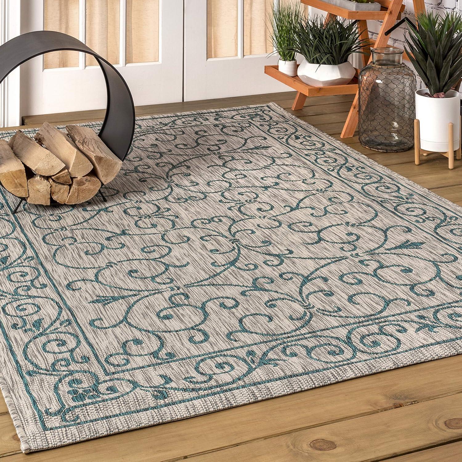 image:imageJONATHAN Y Vintage Filigree Indoor Outdoor Round Area Rug 5 Ft YellowCream Charleston Textured Weave for Backyard Patio Porch EasyCleaning High Traffic PetFriendly NonShedding SMB106L5RGrayTeal