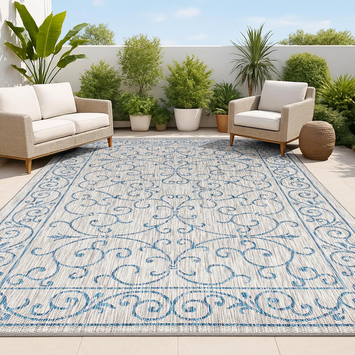 image:imageJONATHAN Y Vintage Filigree Indoor Outdoor Round Area Rug 5 Ft YellowCream Charleston Textured Weave for Backyard Patio Porch EasyCleaning High Traffic PetFriendly NonShedding SMB106L5RGrayNavy
