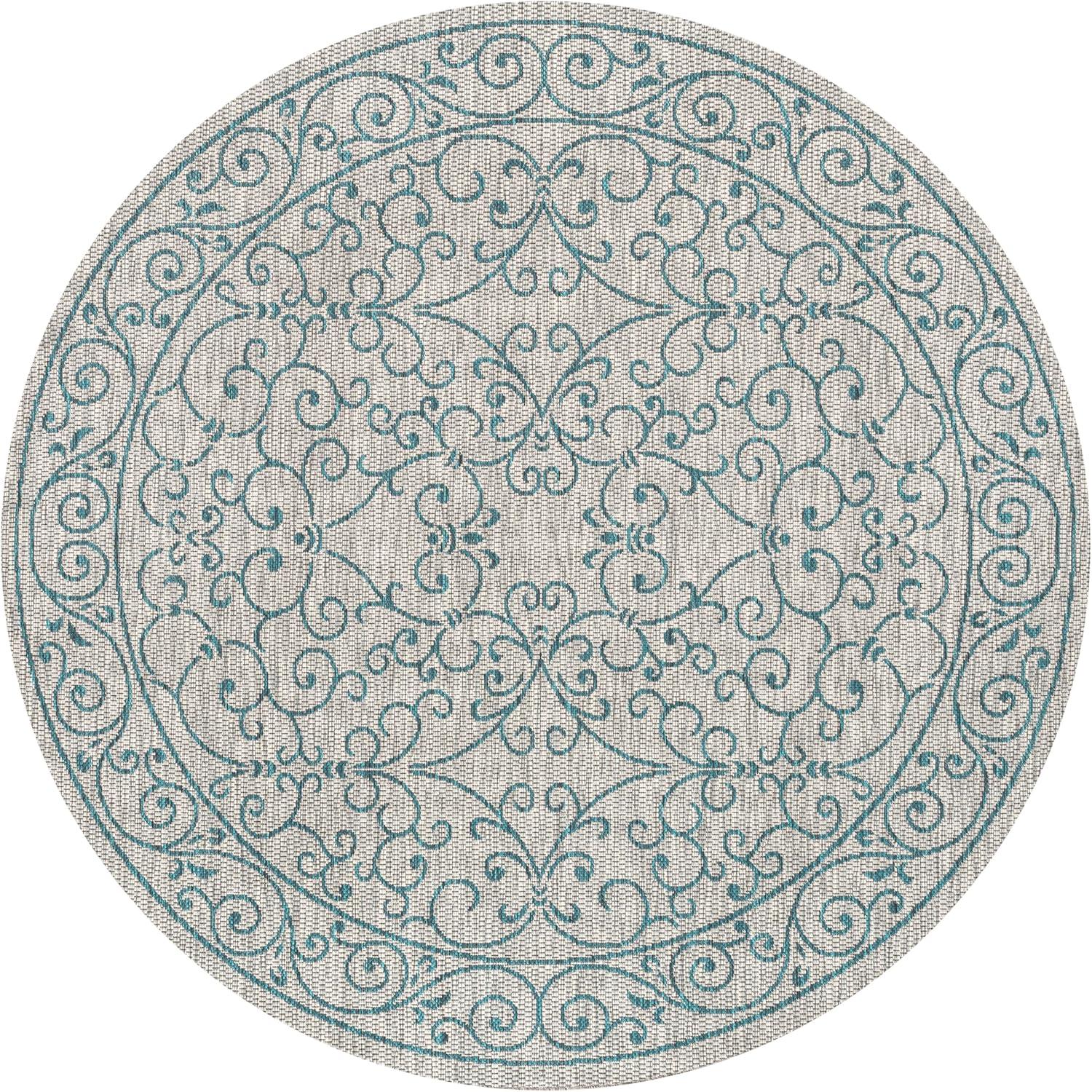 image:imageJONATHAN Y Vintage Filigree Indoor Outdoor Round Area Rug 5 Ft YellowCream Charleston Textured Weave for Backyard Patio Porch EasyCleaning High Traffic PetFriendly NonShedding SMB106L5RGrayTeal