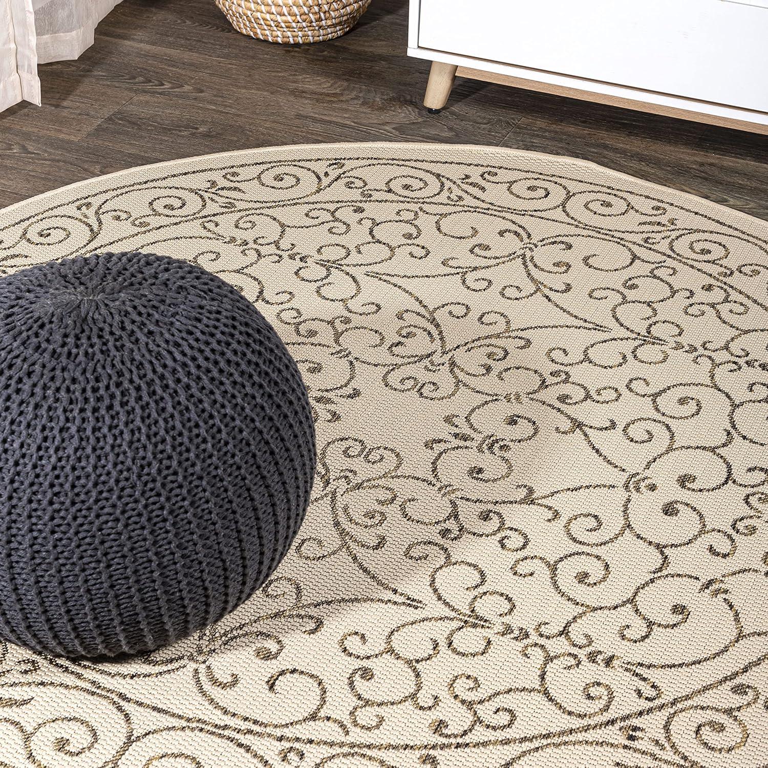 image:imageJONATHAN Y Vintage Filigree Indoor Outdoor Round Area Rug 5 Ft YellowCream Charleston Textured Weave for Backyard Patio Porch EasyCleaning High Traffic PetFriendly NonShedding SMB106L5RBeigeBrown