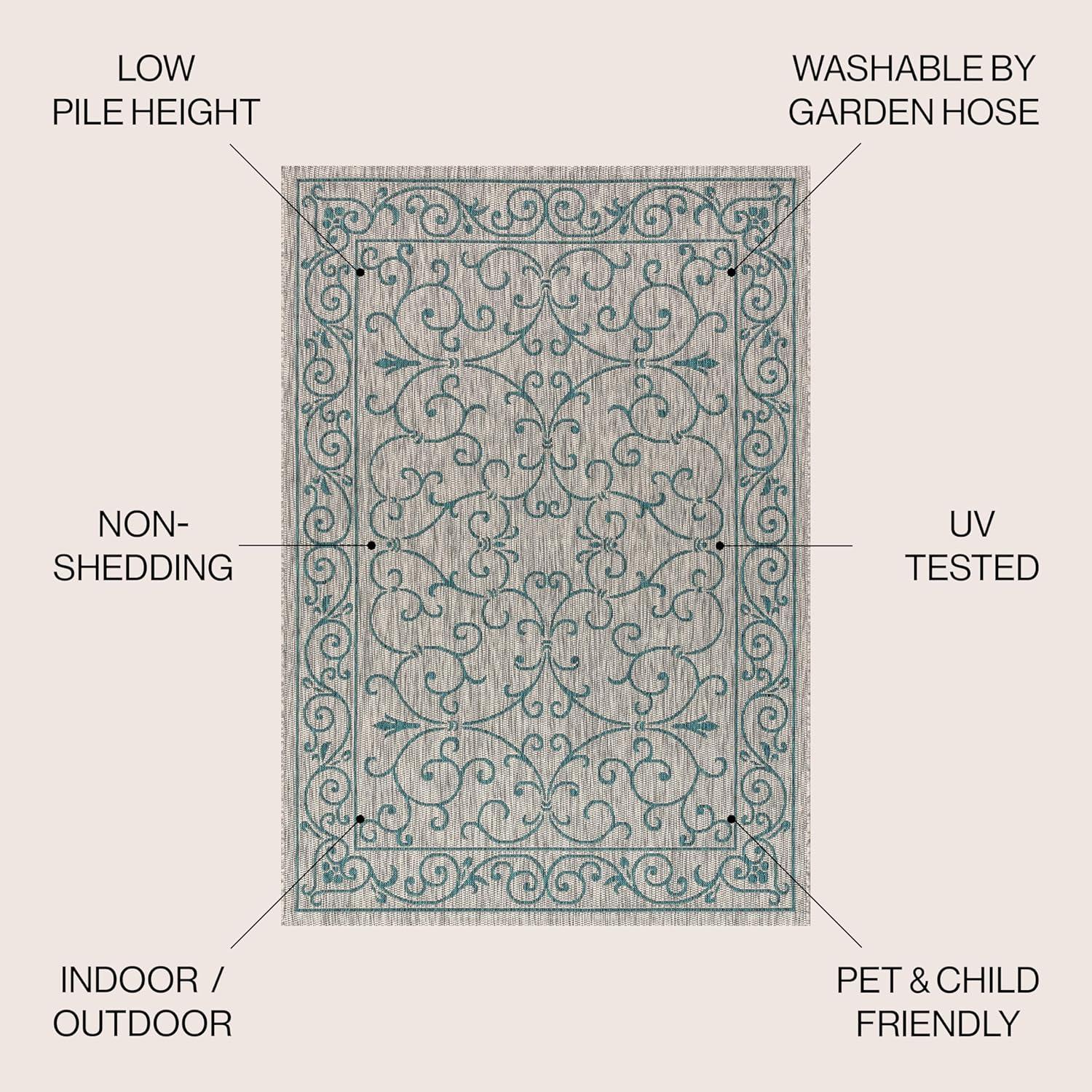 image:imageJONATHAN Y Vintage Filigree Indoor Outdoor Round Area Rug 5 Ft YellowCream Charleston Textured Weave for Backyard Patio Porch EasyCleaning High Traffic PetFriendly NonShedding SMB106L5RGrayTeal