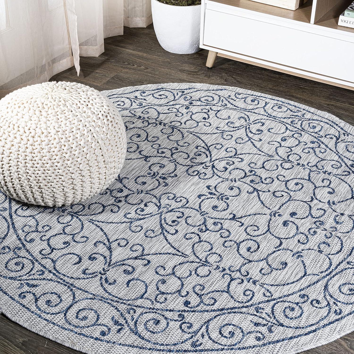 image:imageJONATHAN Y Vintage Filigree Indoor Outdoor Round Area Rug 5 Ft YellowCream Charleston Textured Weave for Backyard Patio Porch EasyCleaning High Traffic PetFriendly NonShedding SMB106L5RGrayNavy