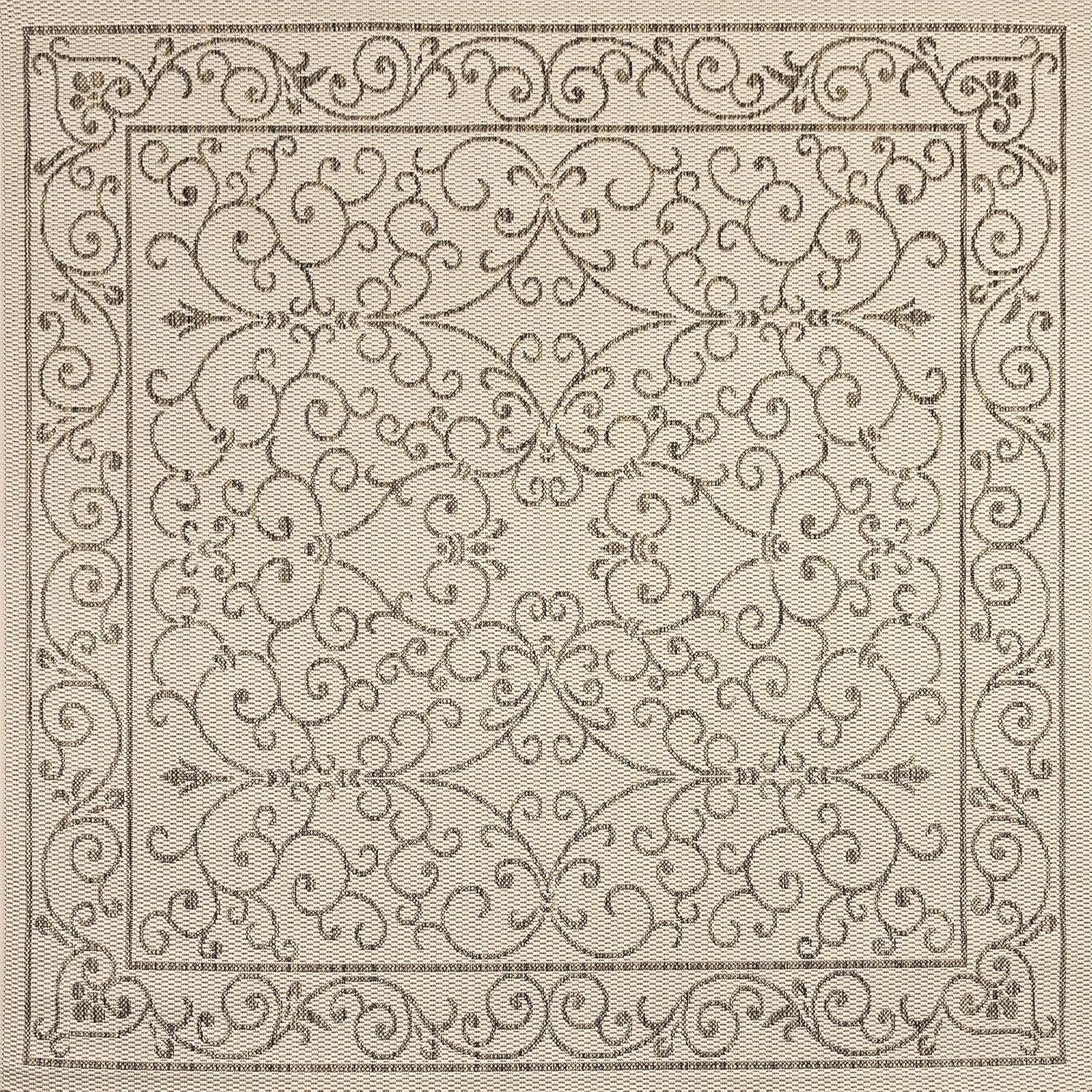 image:imageJONATHAN Y Vintage Filigree Indoor Outdoor Round Area Rug 5 Ft YellowCream Charleston Textured Weave for Backyard Patio Porch EasyCleaning High Traffic PetFriendly NonShedding SMB106L5RBeigeBrown