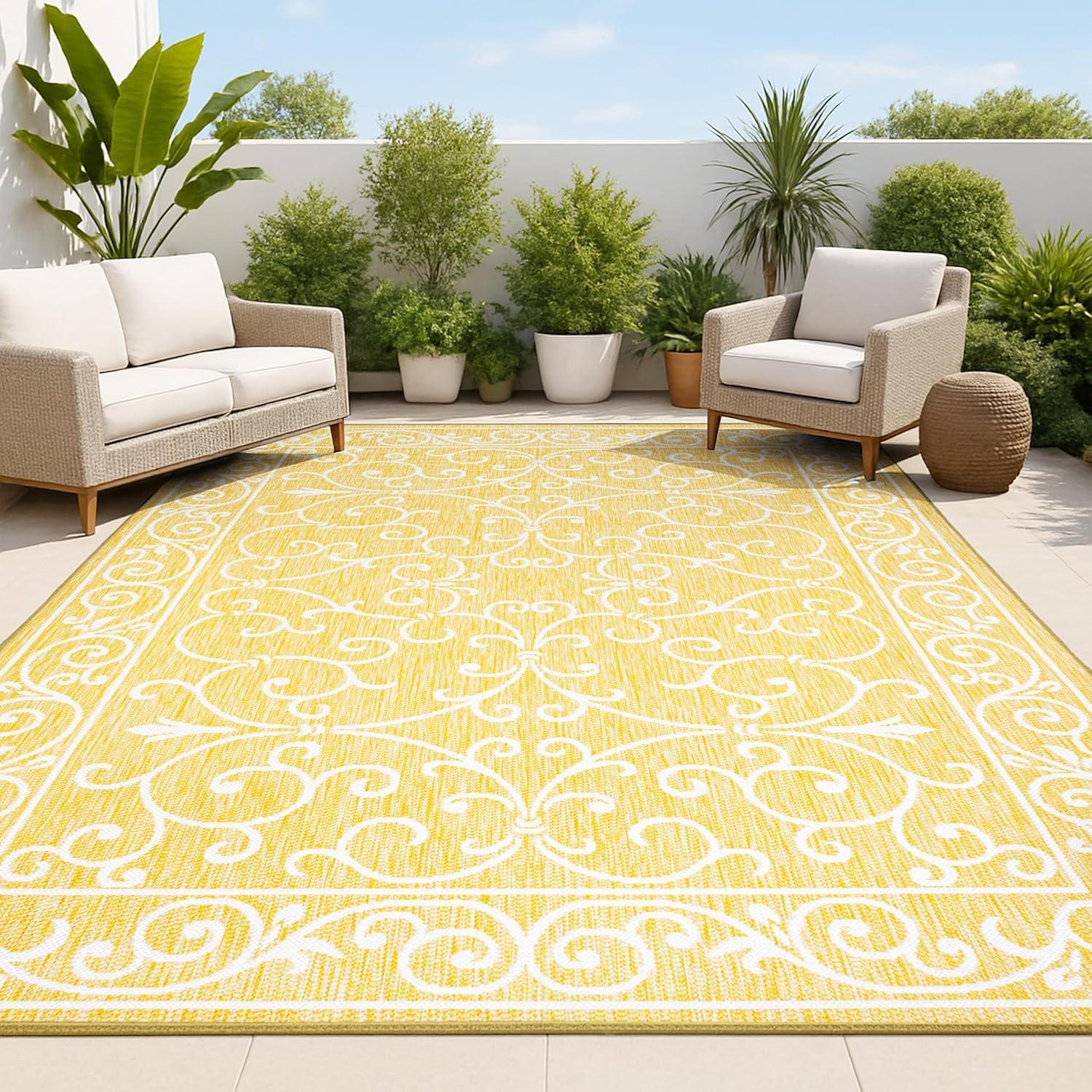 image:imageJONATHAN Y Vintage Filigree Indoor Outdoor Round Area Rug 5 Ft YellowCream Charleston Textured Weave for Backyard Patio Porch EasyCleaning High Traffic PetFriendly NonShedding SMB106L5RYellowCream