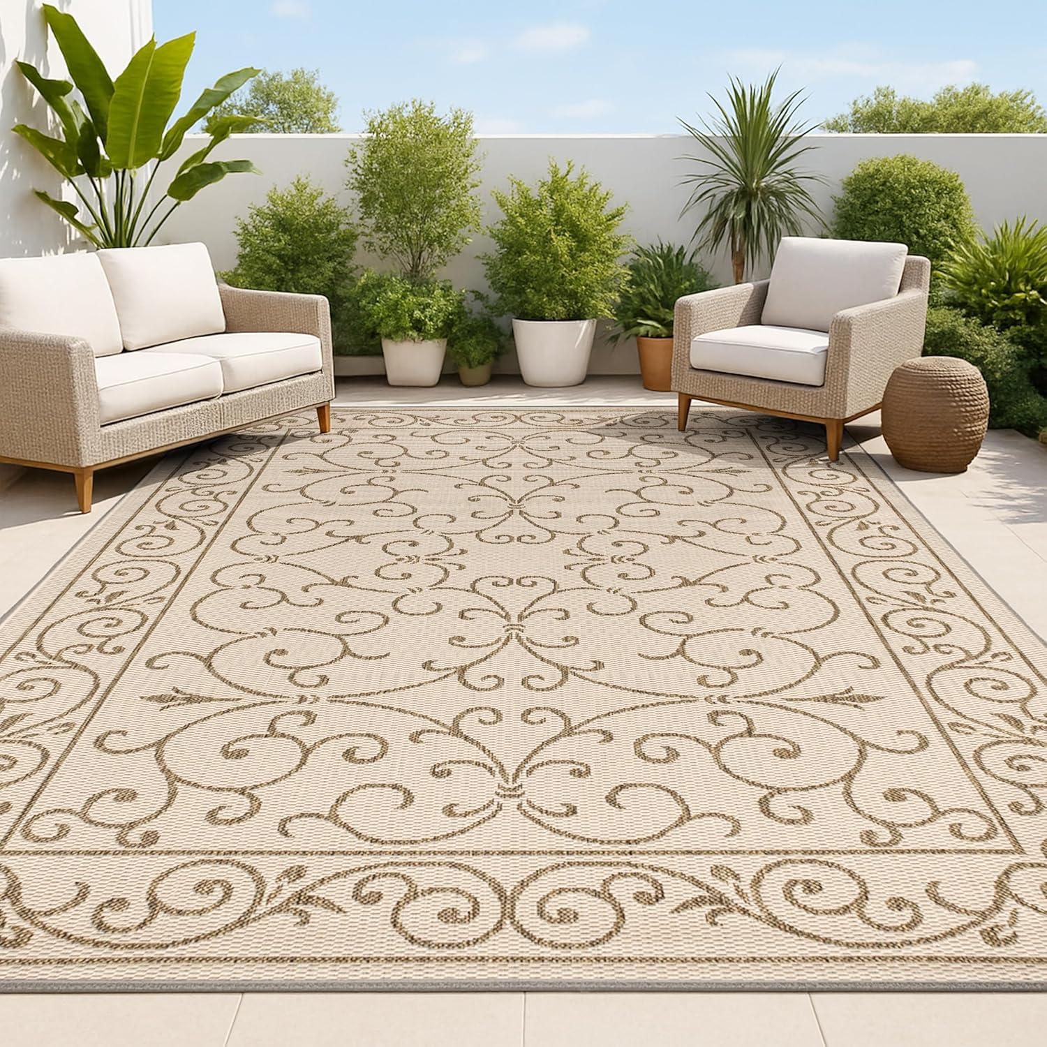 image:imageJONATHAN Y Vintage Filigree Indoor Outdoor Round Area Rug 5 Ft YellowCream Charleston Textured Weave for Backyard Patio Porch EasyCleaning High Traffic PetFriendly NonShedding SMB106L5RBeigeBrown