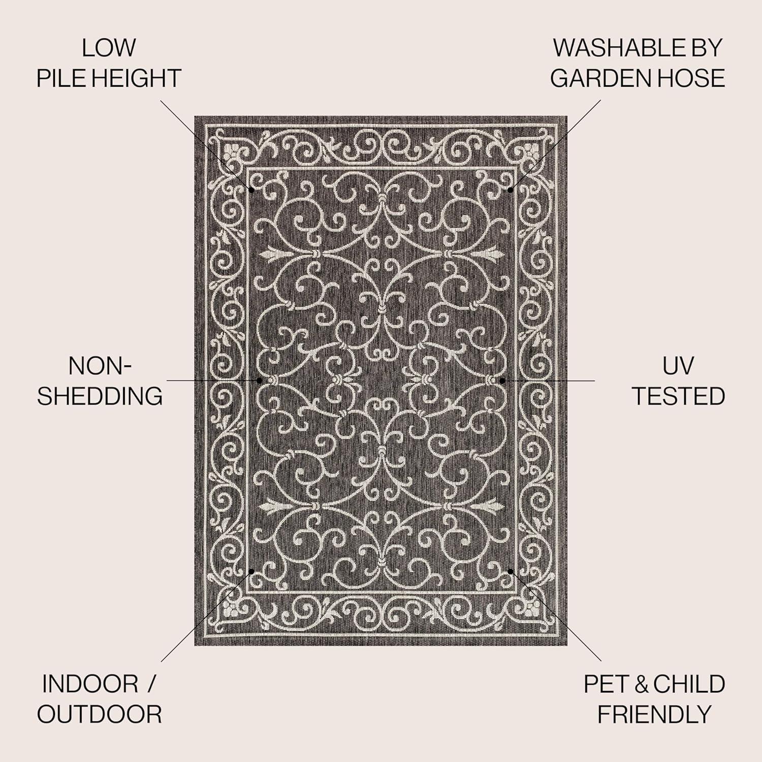 image:imageJONATHAN Y Vintage Filigree Indoor Outdoor Round Area Rug 5 Ft YellowCream Charleston Textured Weave for Backyard Patio Porch EasyCleaning High Traffic PetFriendly NonShedding SMB106L5RBlackGray